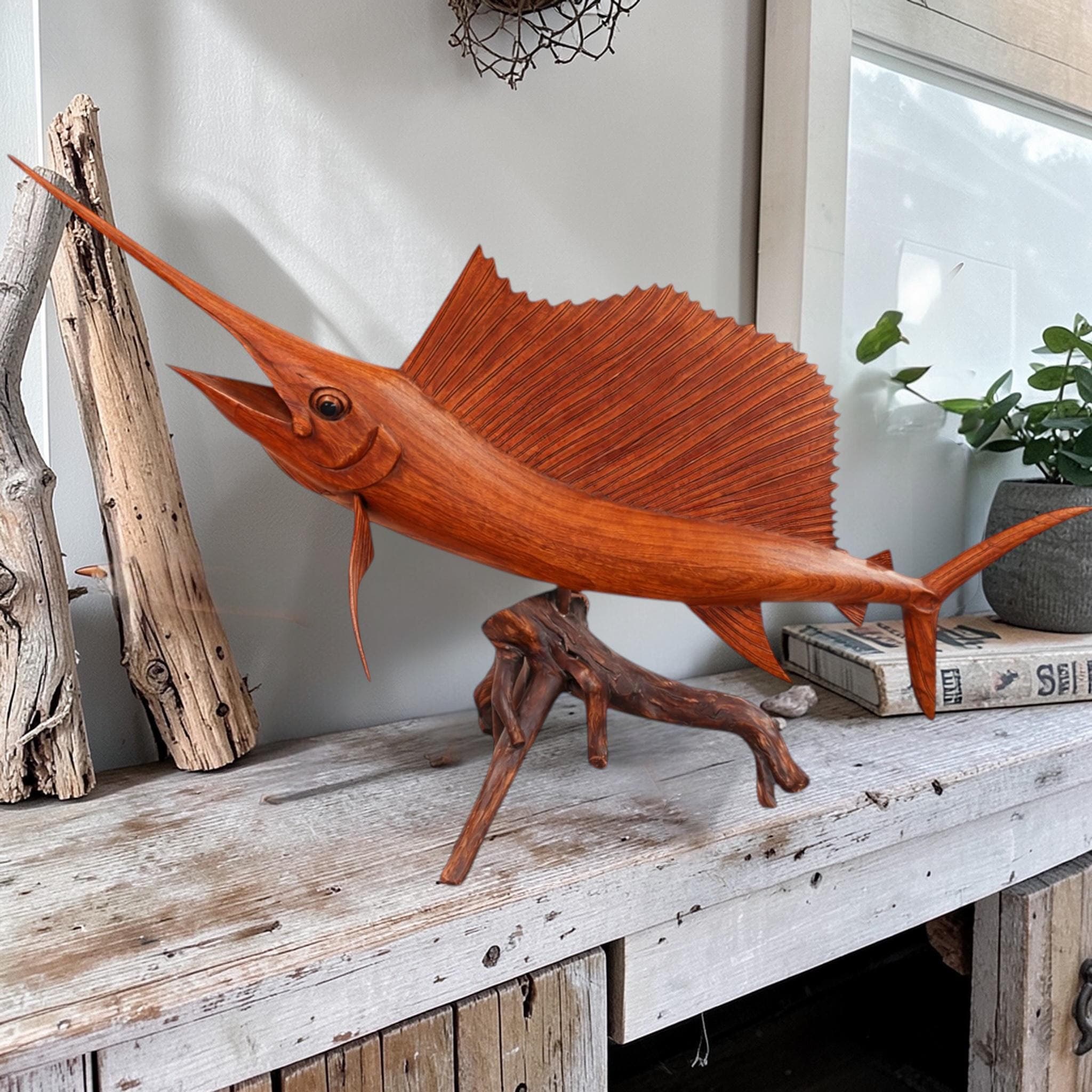 Hand Carved Wooden Sailfish Statue on Driftwood | Bali Artisan Coastal Decor - Thumbnail 2