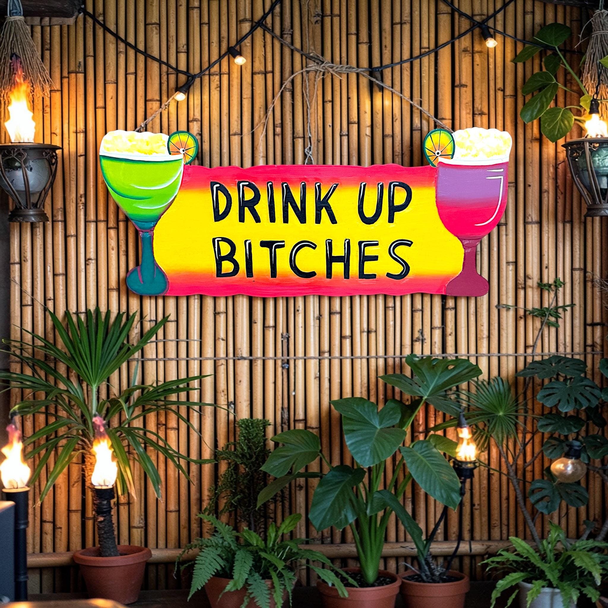 Drink up Bitches Hand-Painted Wooden Sign | Funny Tiki Bar Decor, Tropical Party Art