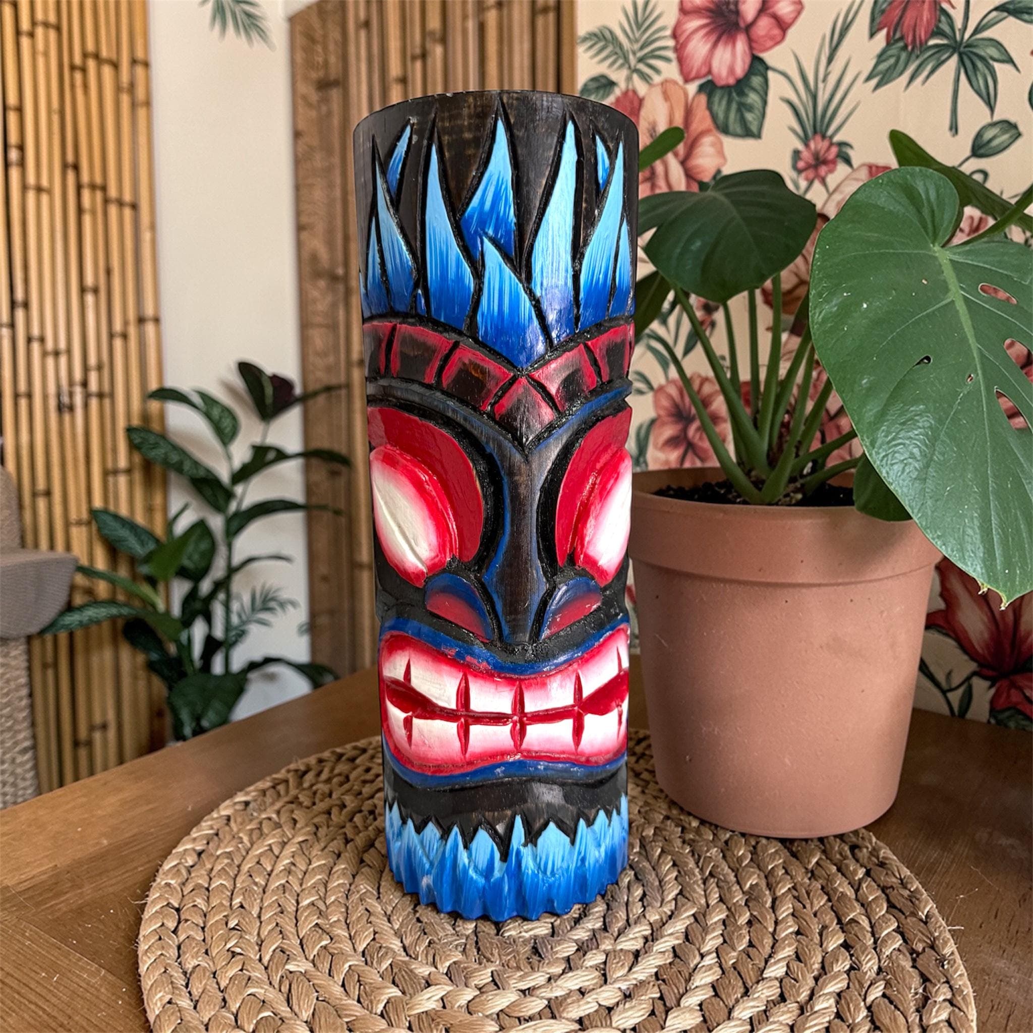 Hand Carved Wooden Tiki Statue, Hand-Painted Tropical Decor Accent