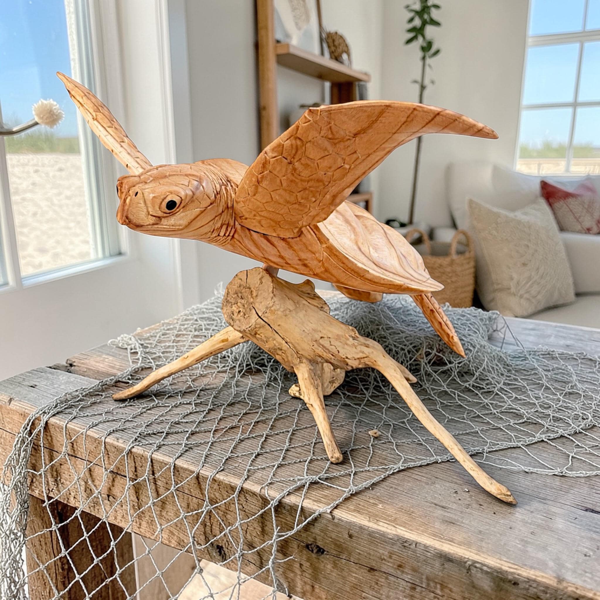 Hand Carved Wooden Sea Turtle Sculpture on Driftwood – Bali Coastal Beach Decor Statue