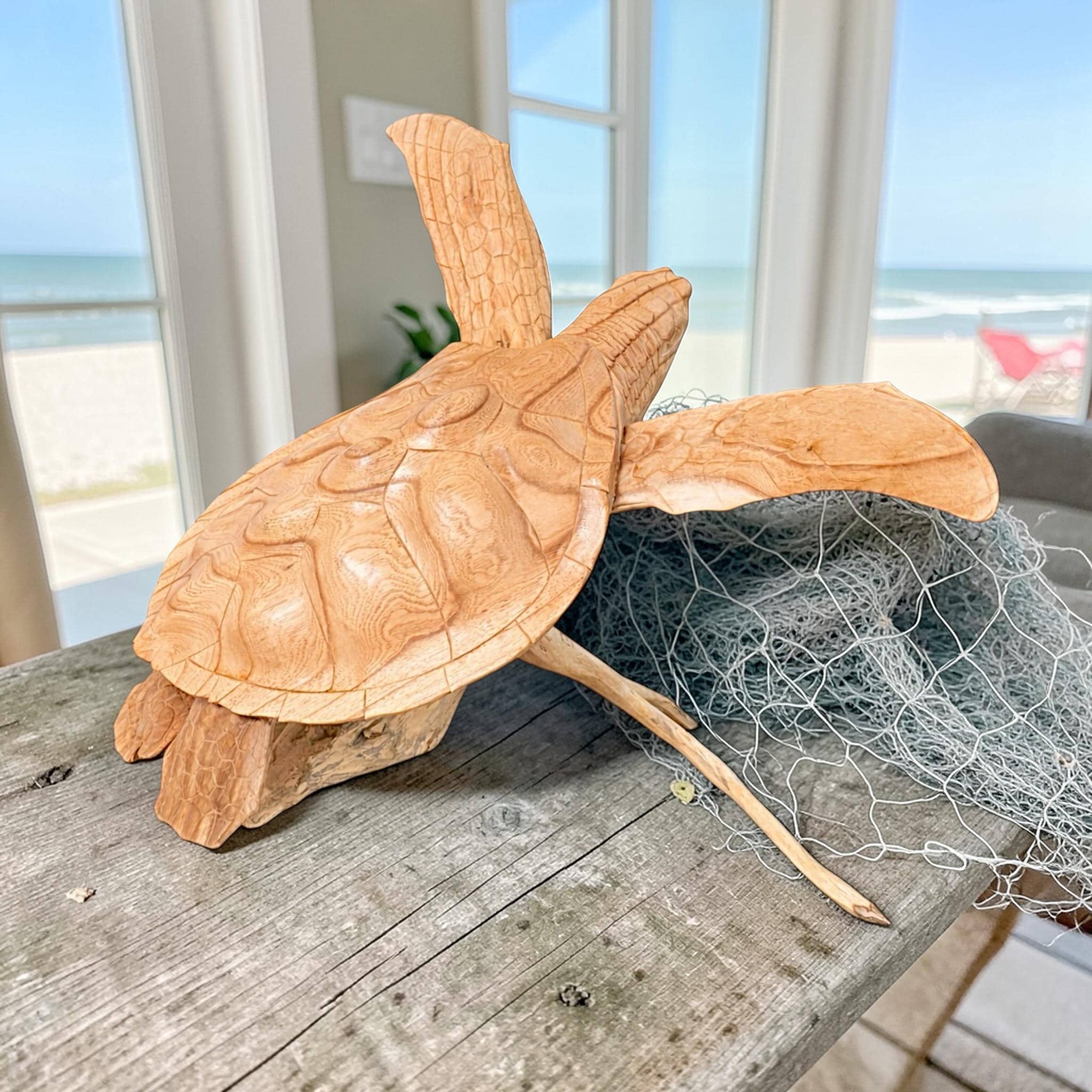 Hand Carved Wooden Sea Turtle Sculpture on Driftwood – Bali Coastal Beach Decor Statue - Thumbnail 4