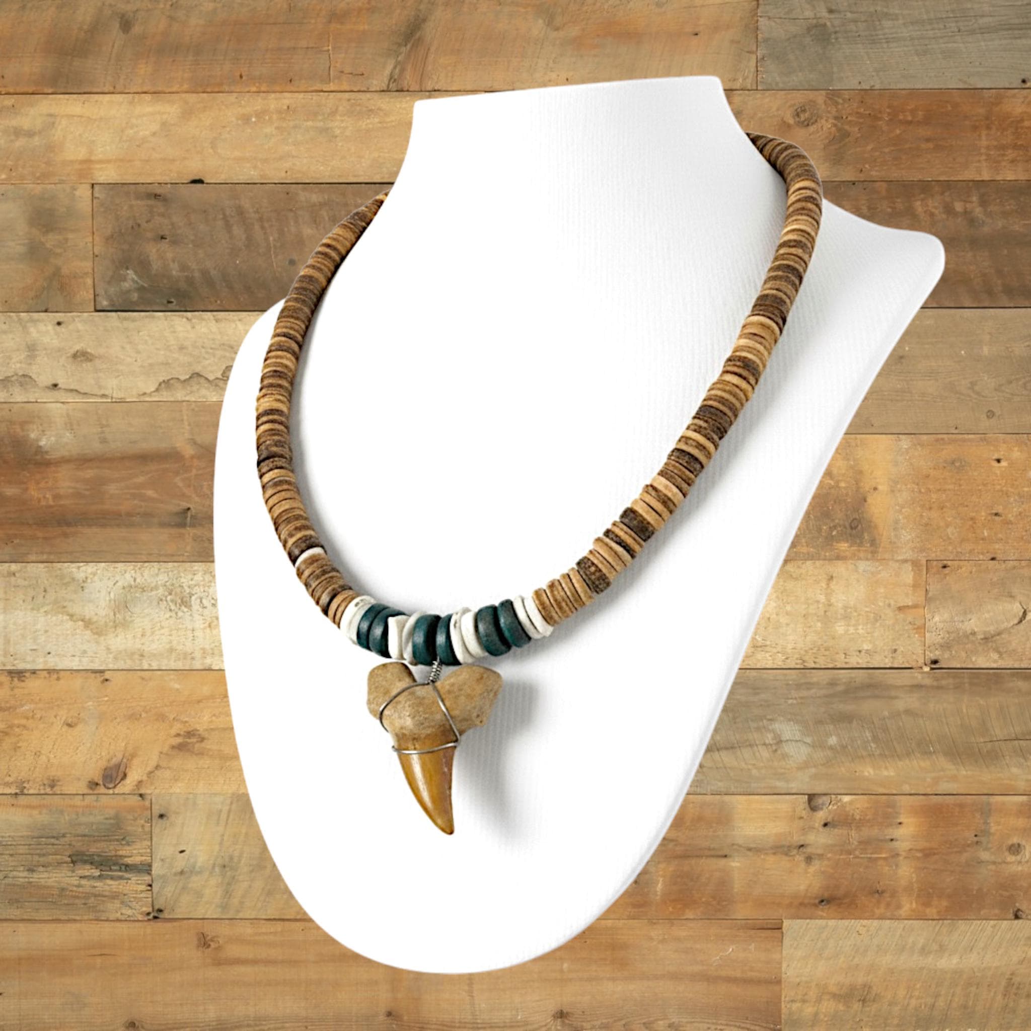 Shark Tooth Necklace | 18" Coastal Boho Shell Bead Surf Pendant - Thumbnail 2