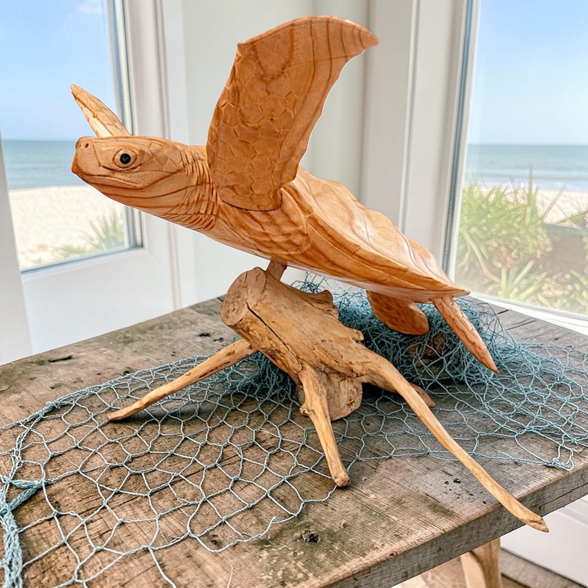 Hand Carved Wooden Sea Turtle Sculpture on Driftwood – Bali Coastal Beach Decor Statue - Thumbnail 3