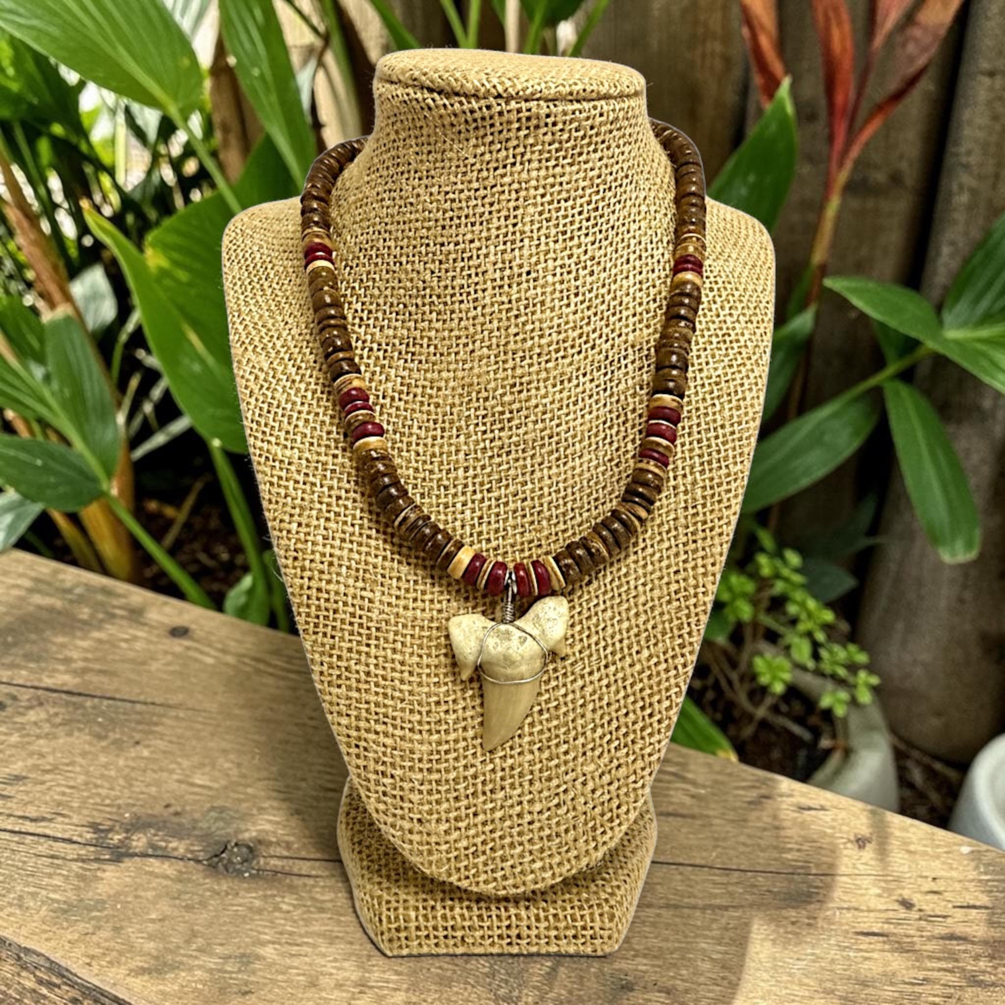 Shark Tooth Necklace | 18" Coastal Boho Shell Bead Surf Pendant - Thumbnail 2