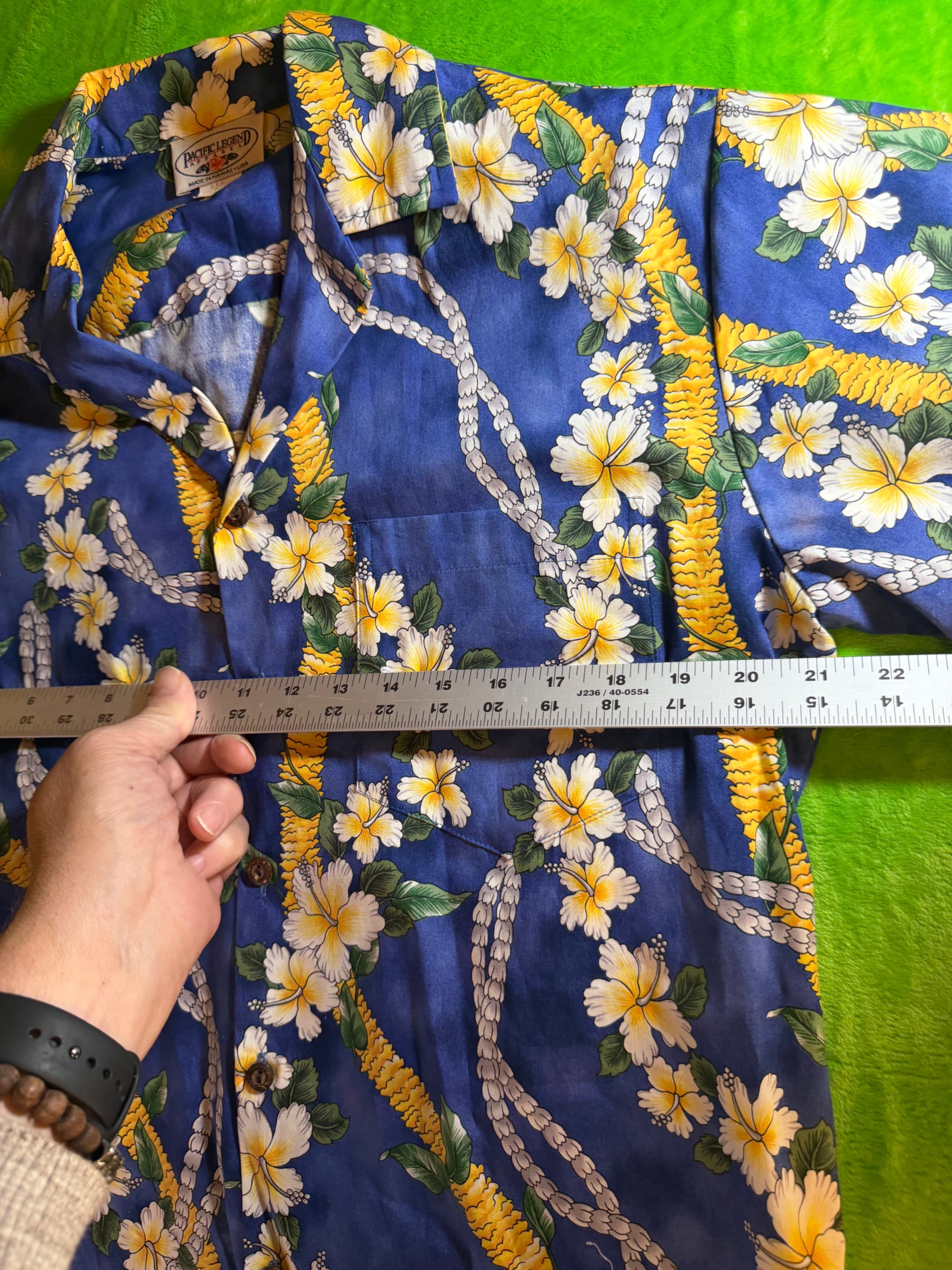 Pacific Legend Hawaiian Shirt Mens Medium Blue Yellow Hibiscus Lei Made in Hawai - Thumbnail 5