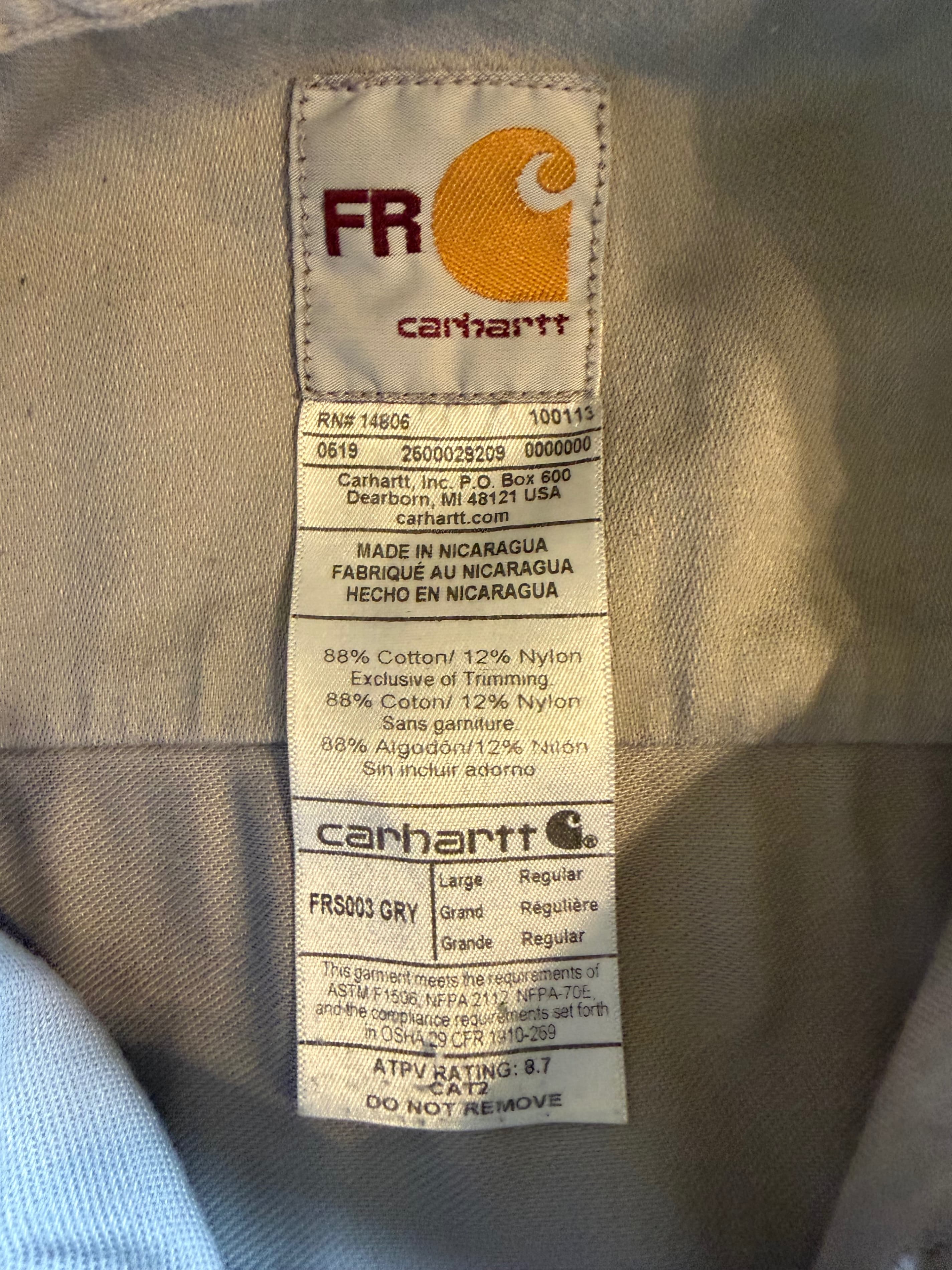 Carhartt FR FRS003 Flame Resistant Work Shirt Mens Large Khaki CAT2 NFPA - Thumbnail 3