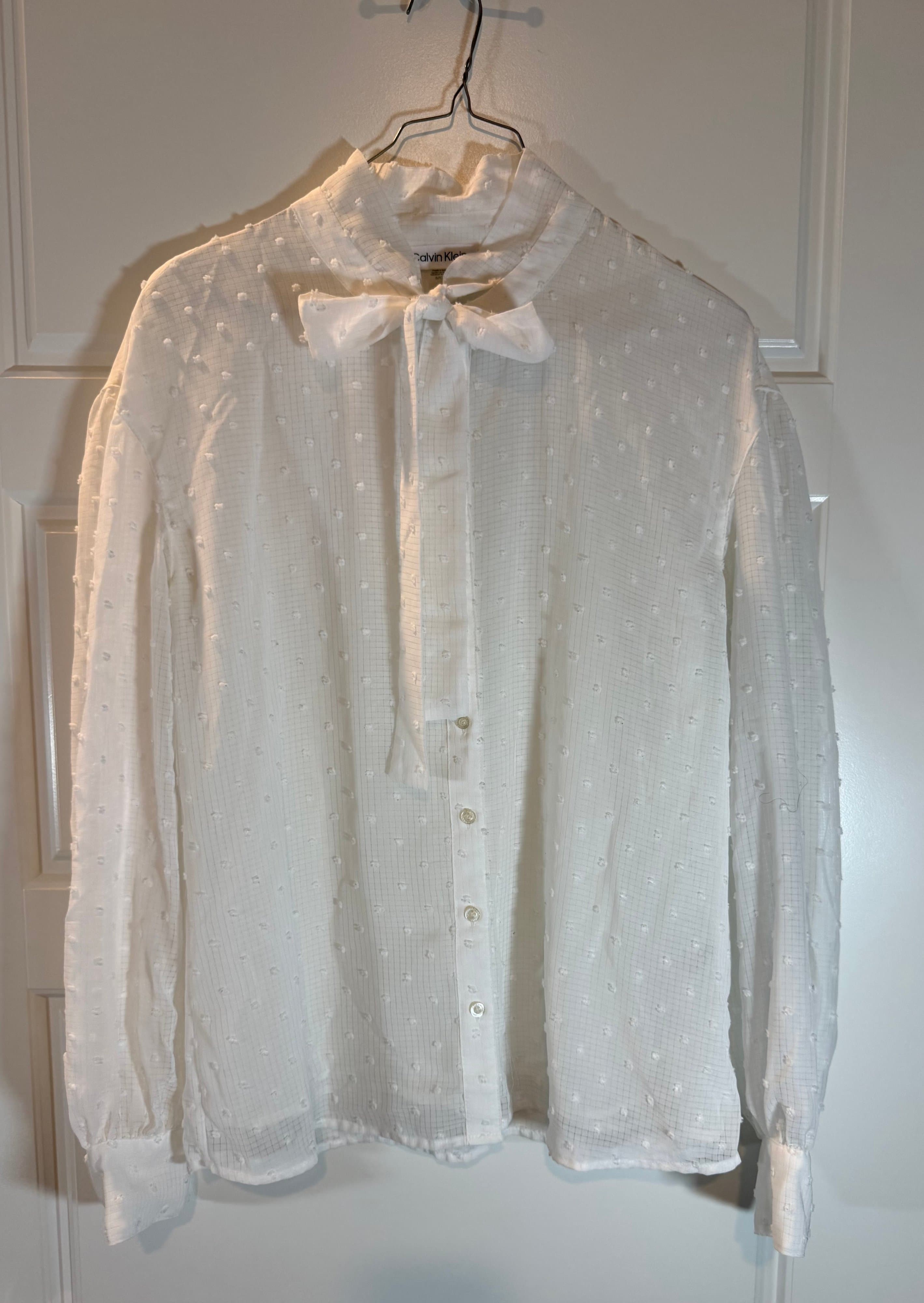 Calvin Klein White Sheer Polka Dot Blouse with Bow Tie