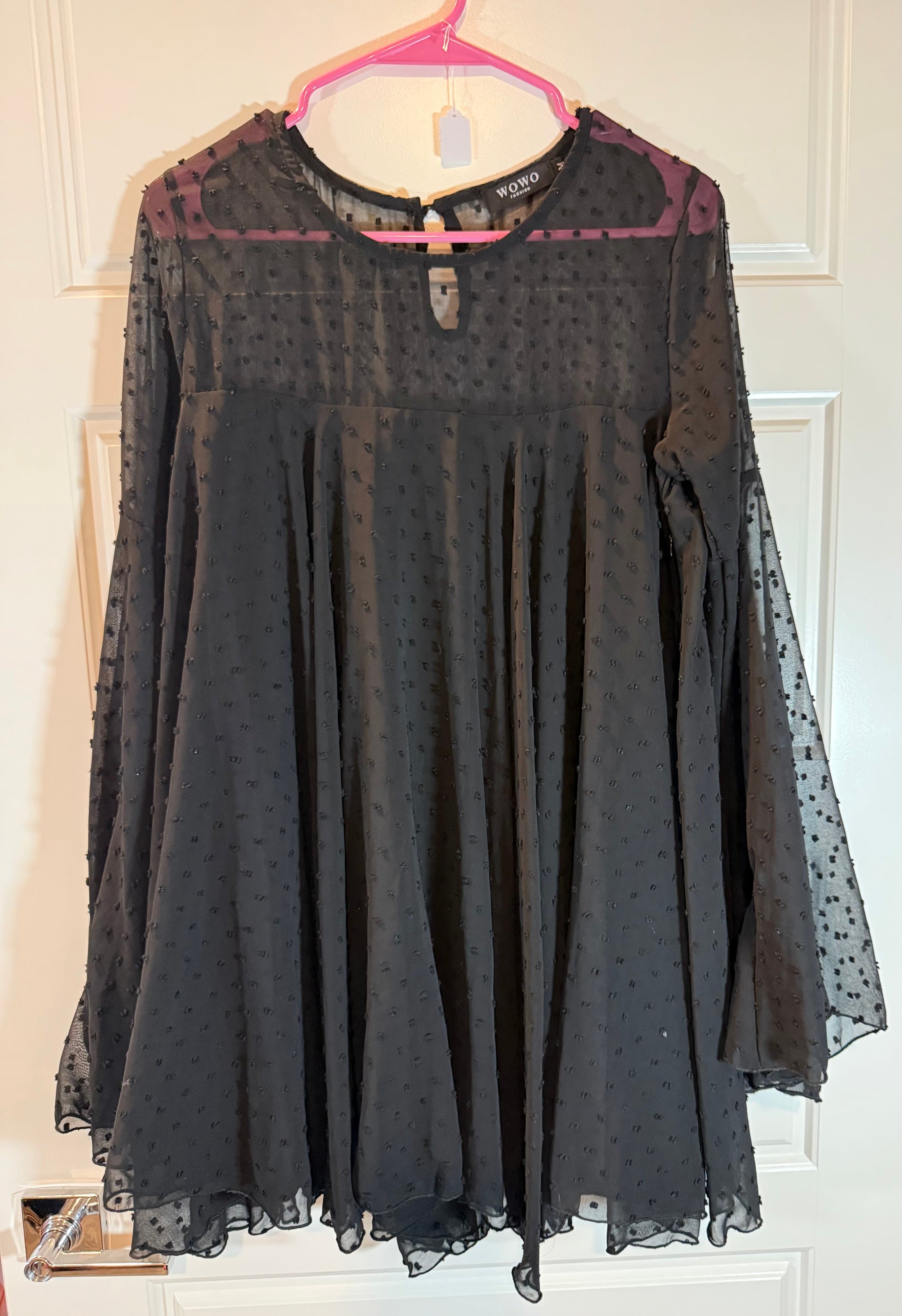 WOWO Black Sheer Polka Dot Dress with Flared Sleeves - Thumbnail 2