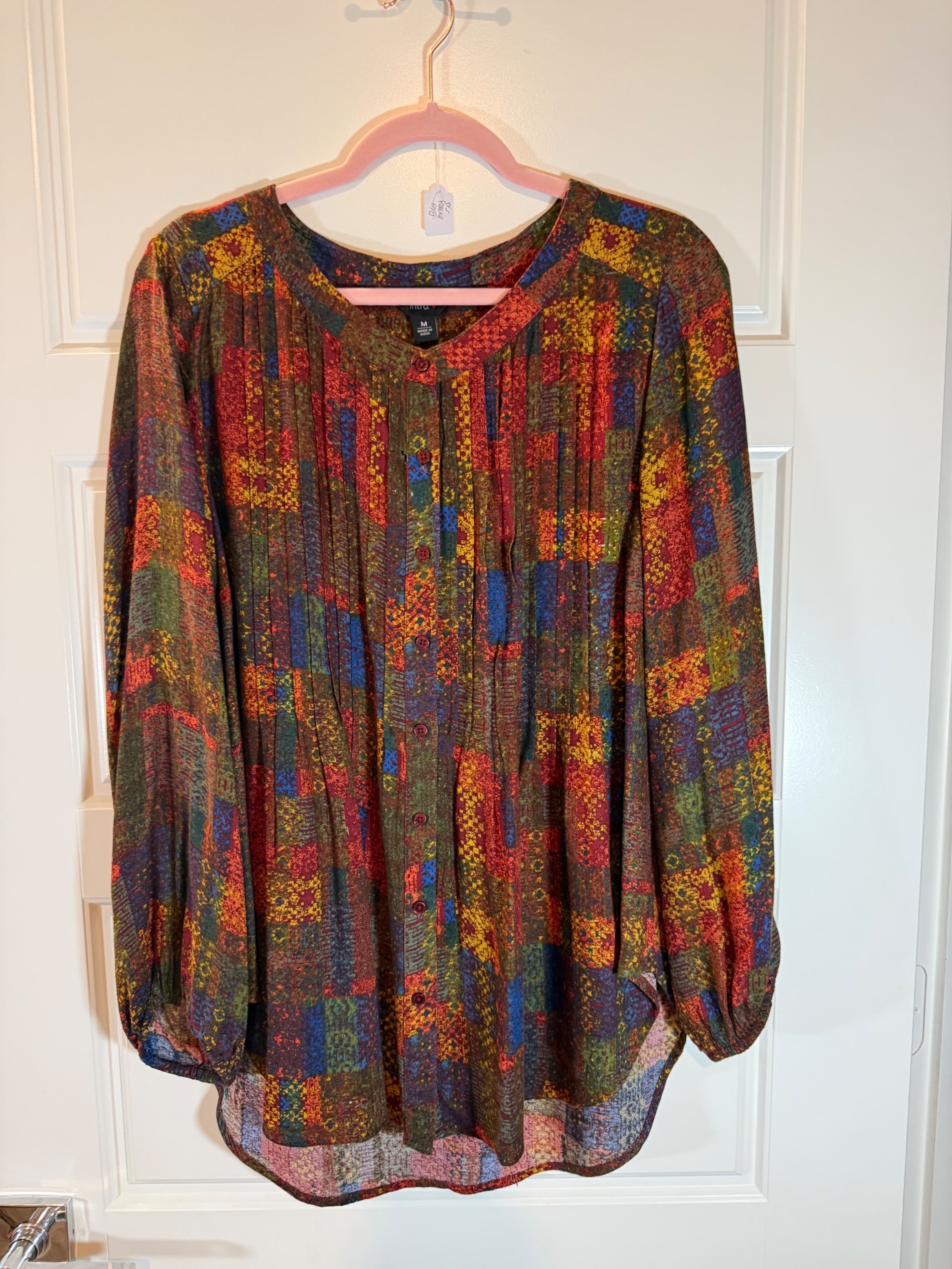 Intro Colorful Patchwork Button-Up Blouse Size M