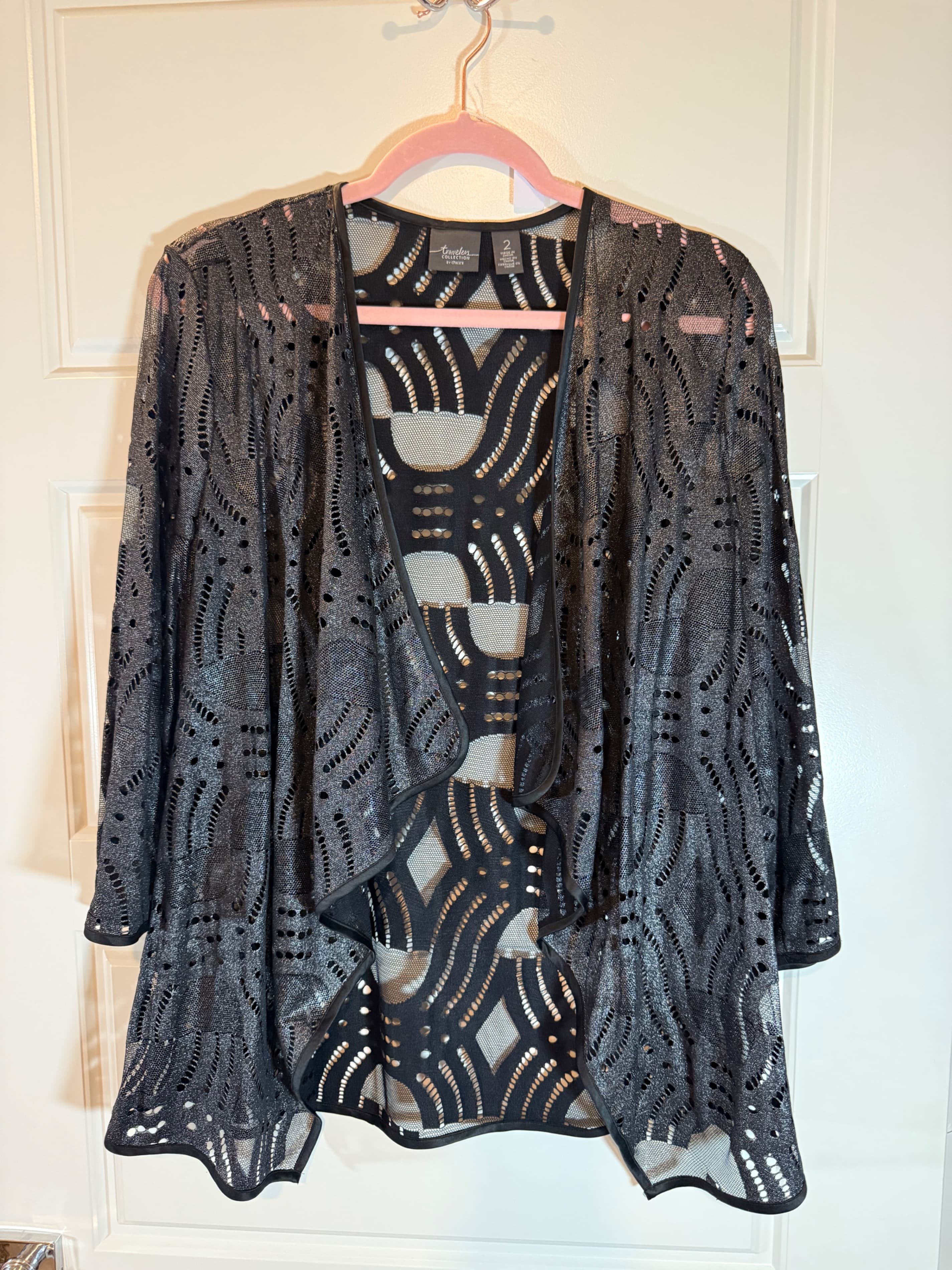 Travelers Collection by Chicos Black Sheer Open Cardigan Size 2