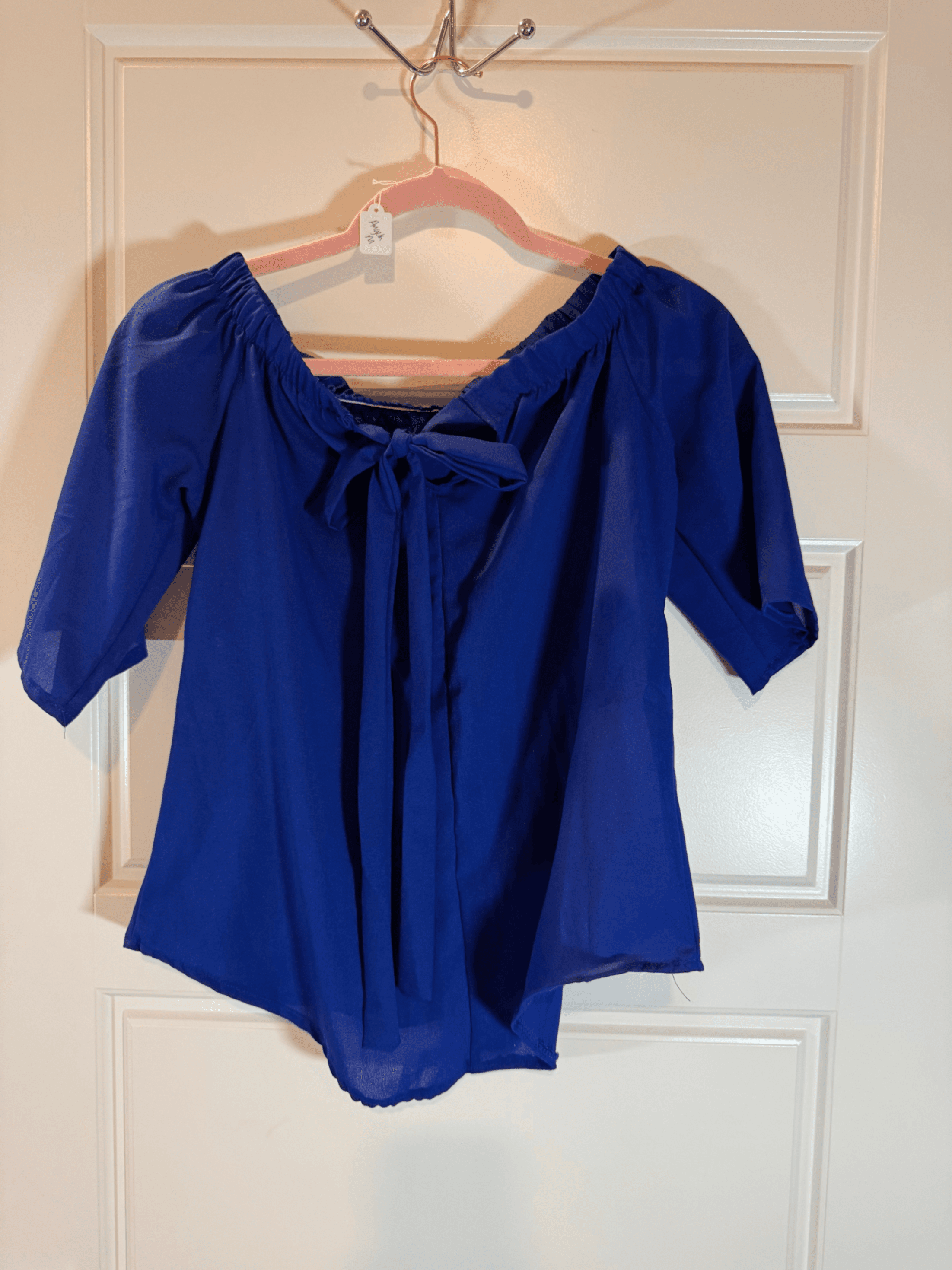 Blue Off-Shoulder Blouse with Tie Detail Size M