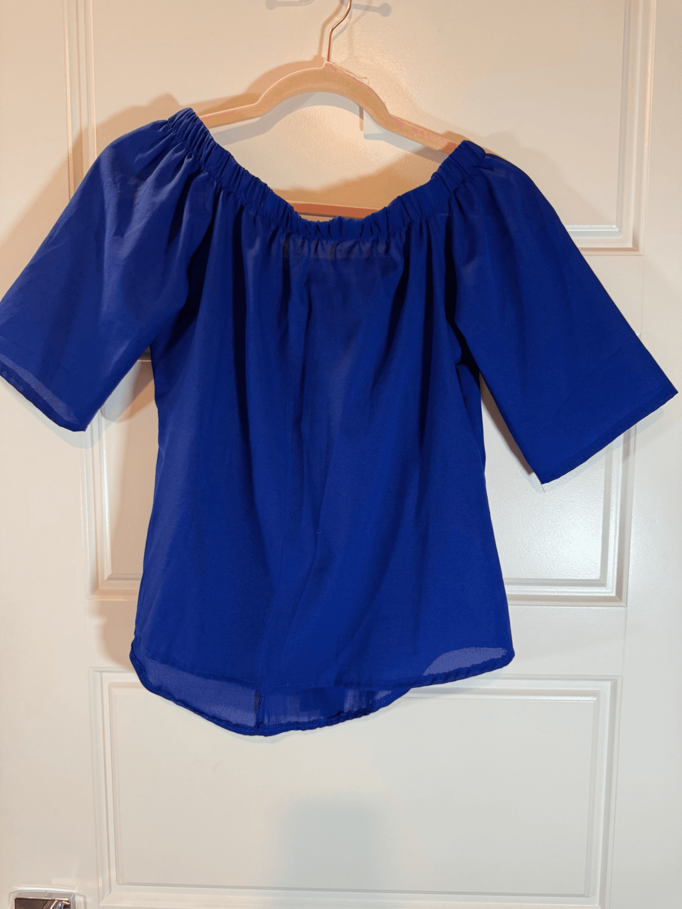 Blue Off-Shoulder Blouse with Tie Detail Size M - Thumbnail 3