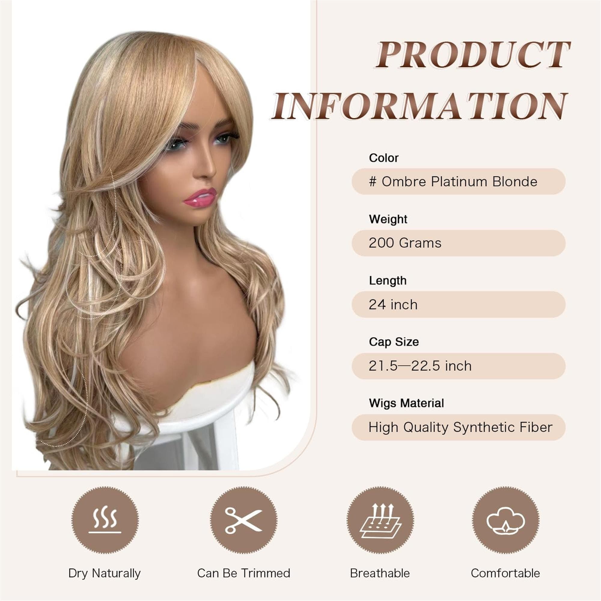 Platinum Blonde Highlight Ombre Light Brown Wig Long Wavy Layered with Curtain Bangs - Thumbnail 4