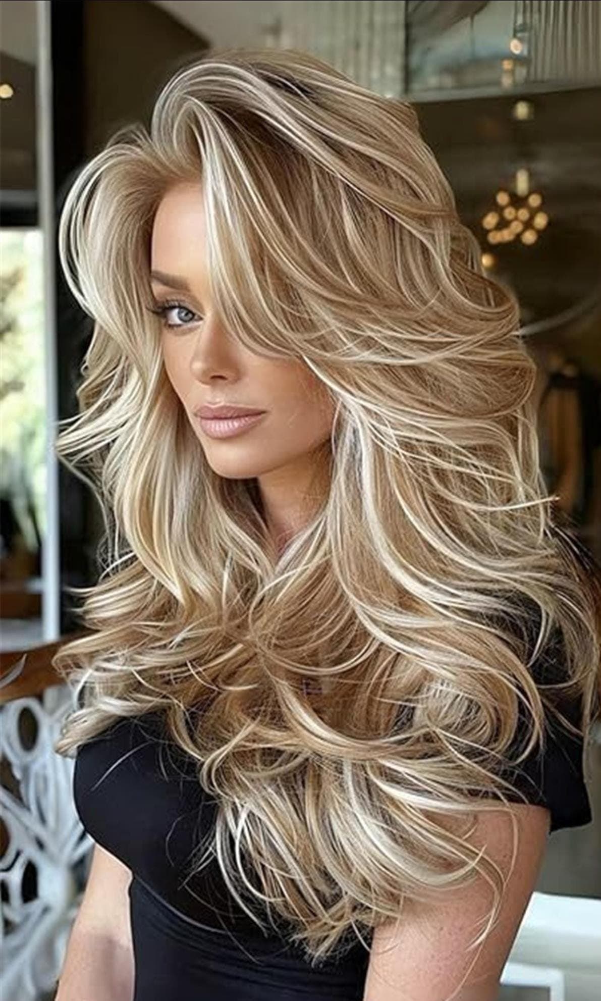 Platinum Blonde Highlight Ombre Light Brown Wig Long Wavy Layered with Curtain Bangs