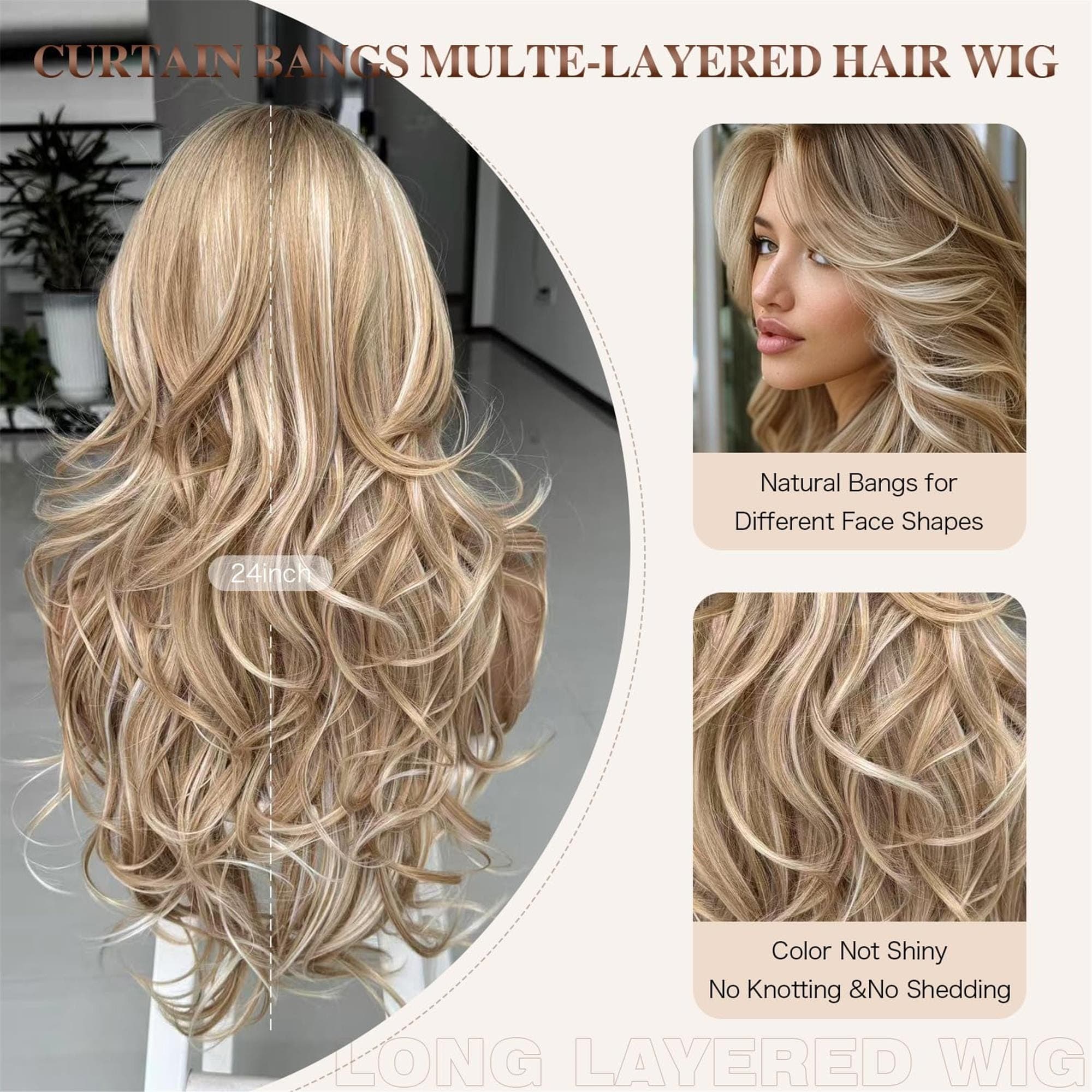 Platinum Blonde Highlight Ombre Light Brown Wig Long Wavy Layered with Curtain Bangs - Thumbnail 3