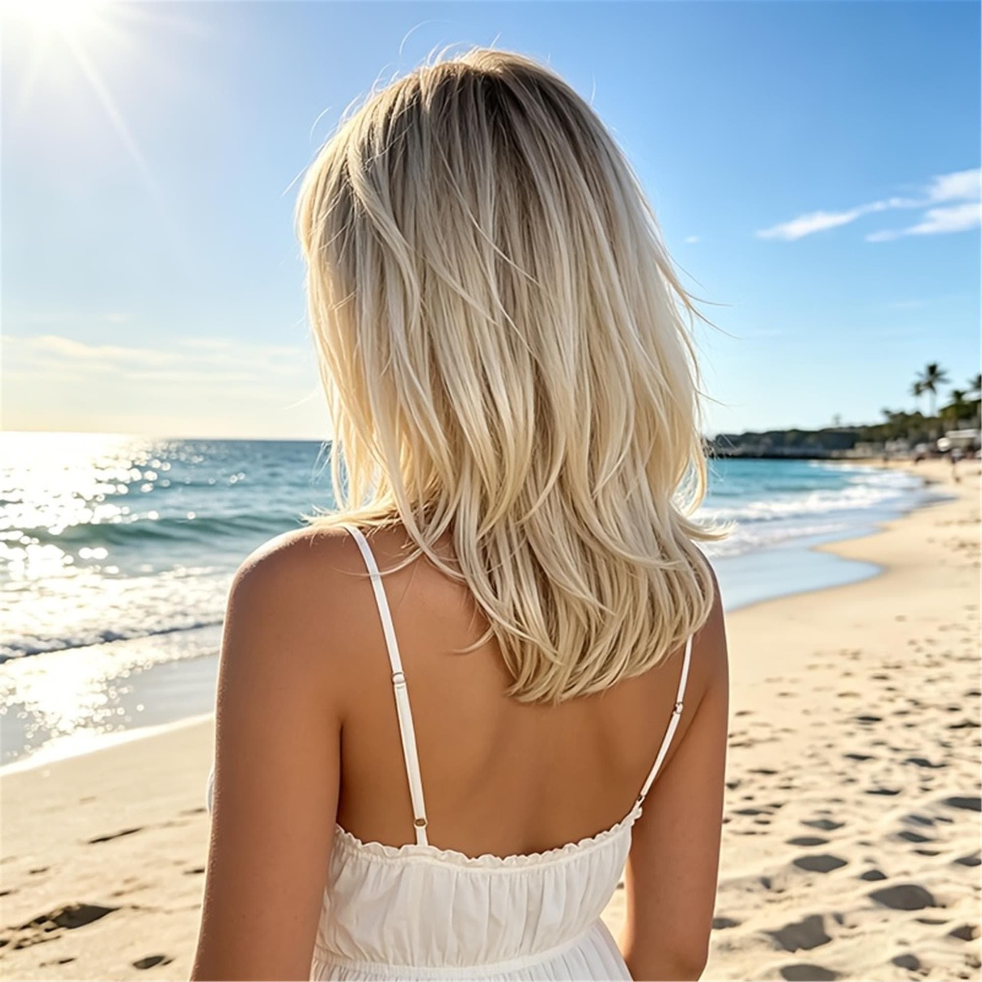 14" Ombre Platinum Blonde Dark Root Wig for Women Short Straight Bob with Bangs - Thumbnail 3