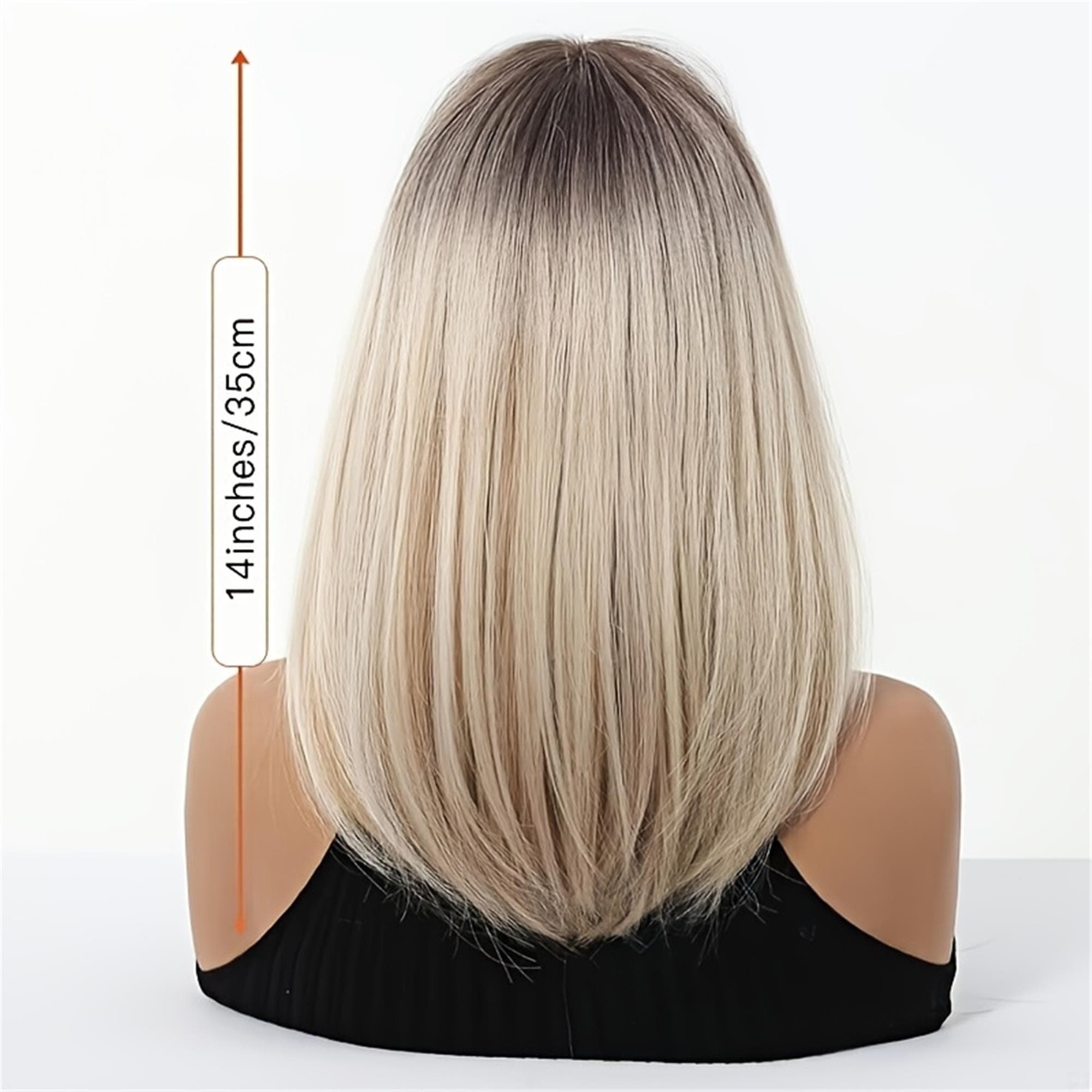 14" Ombre Platinum Blonde Dark Root Wig for Women Short Straight Bob with Bangs - Thumbnail 4