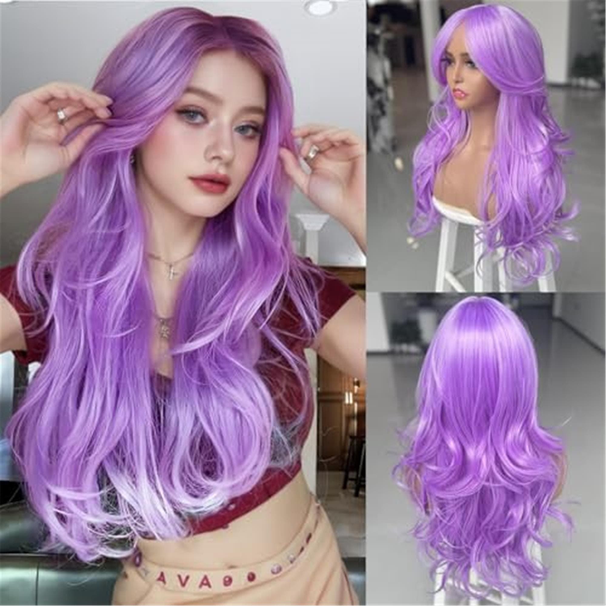 Purple Layered Wavy Wig With Curtain Bang
