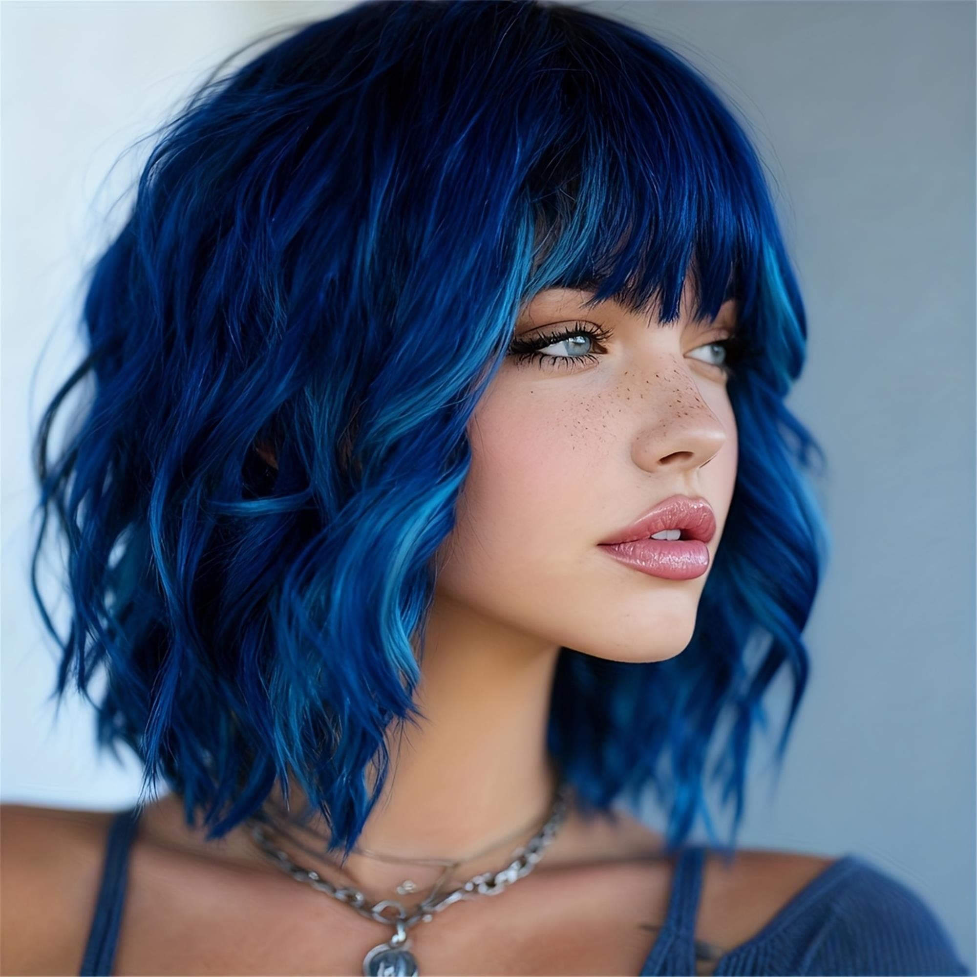 Blue 14-inch Elegant Highlights Curly Wig
