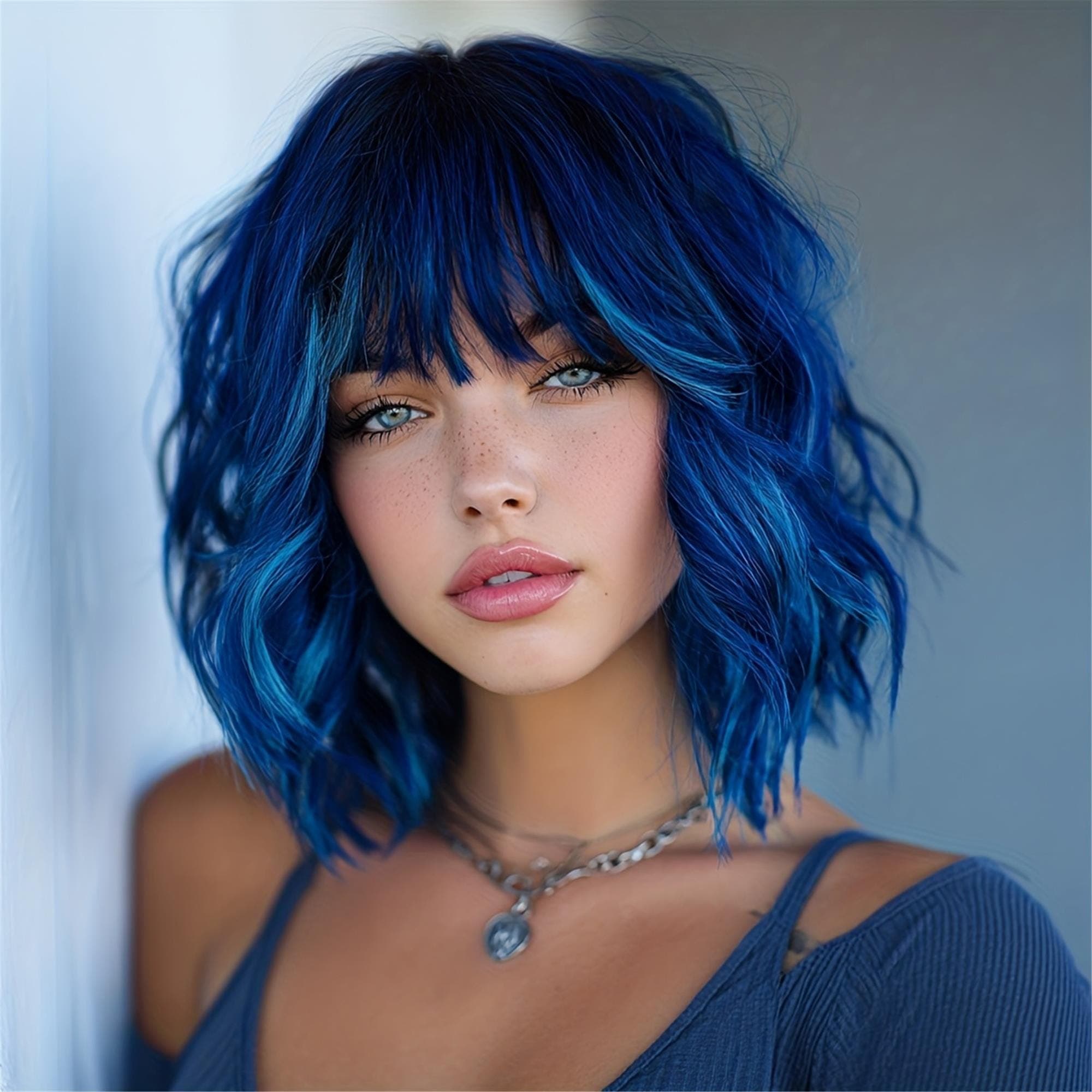 Blue 14-inch Elegant Highlights Curly Wig - Thumbnail 2