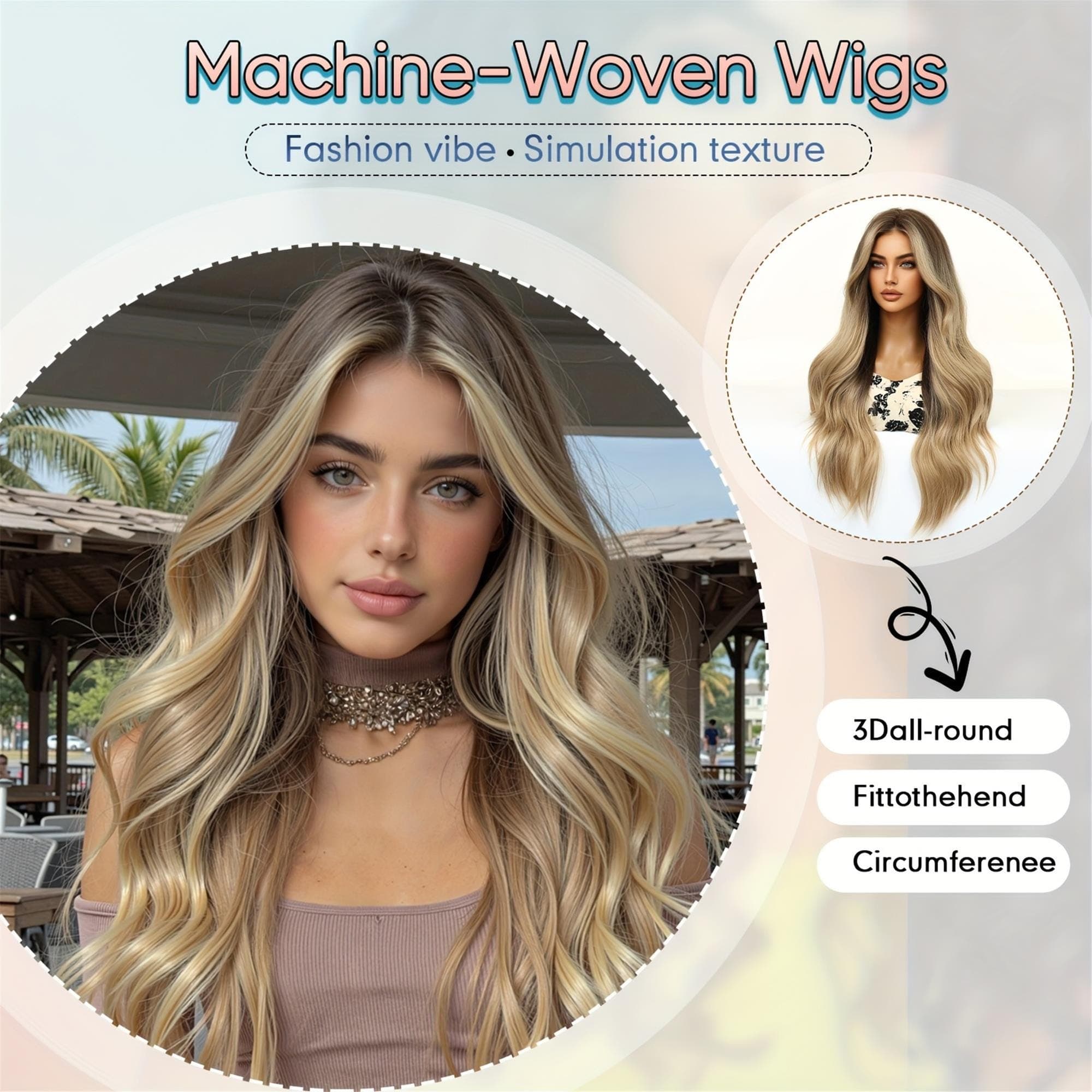 28 Inch Long Blonde to Dark Brown Ombre Wig Adjustable Rose Net -Looking Loose Waves (Blonde/Brown - Thumbnail 4