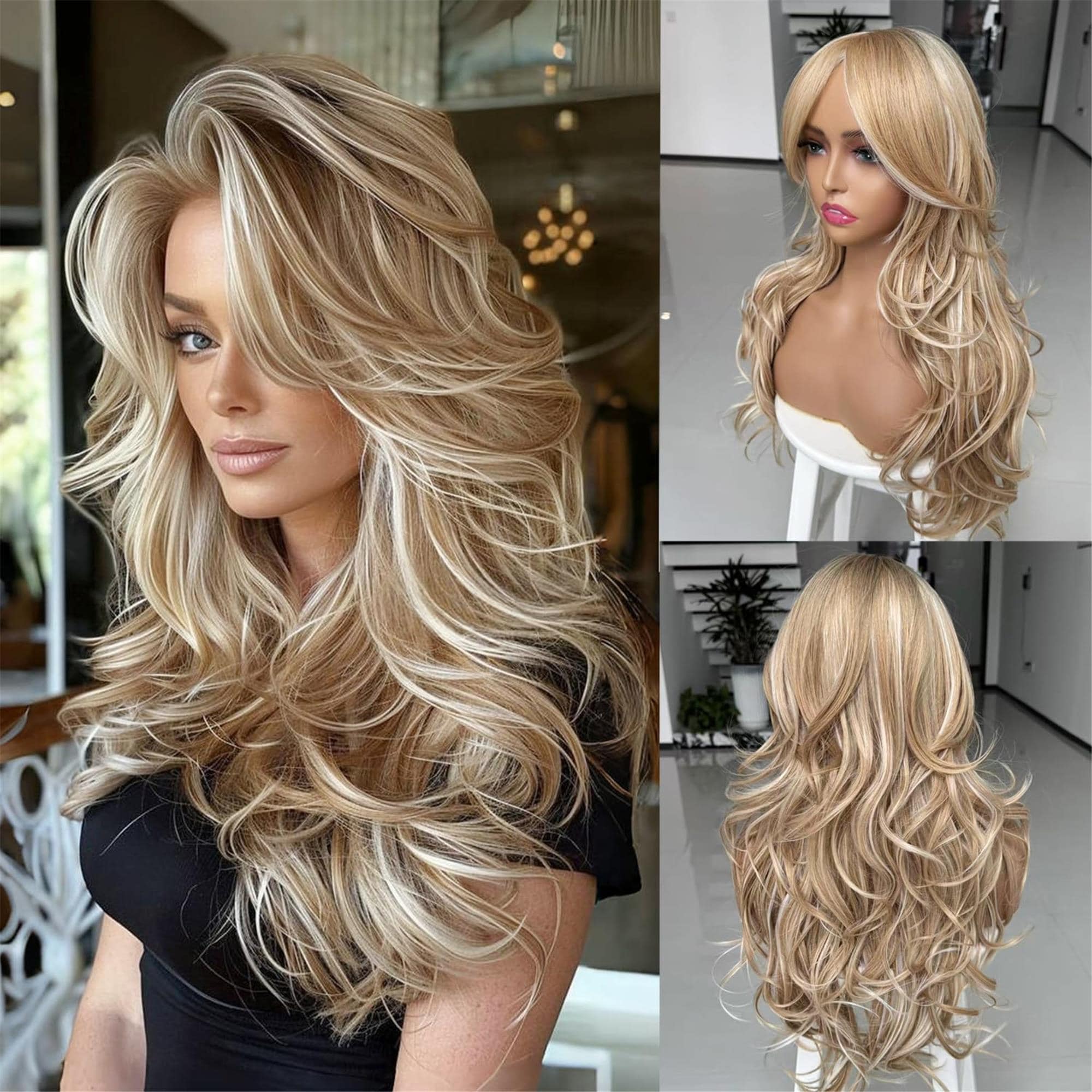Platinum Blonde Highlight Ombre Light Brown Wig Long Wavy Layered with Curtain Bangs - Thumbnail 2