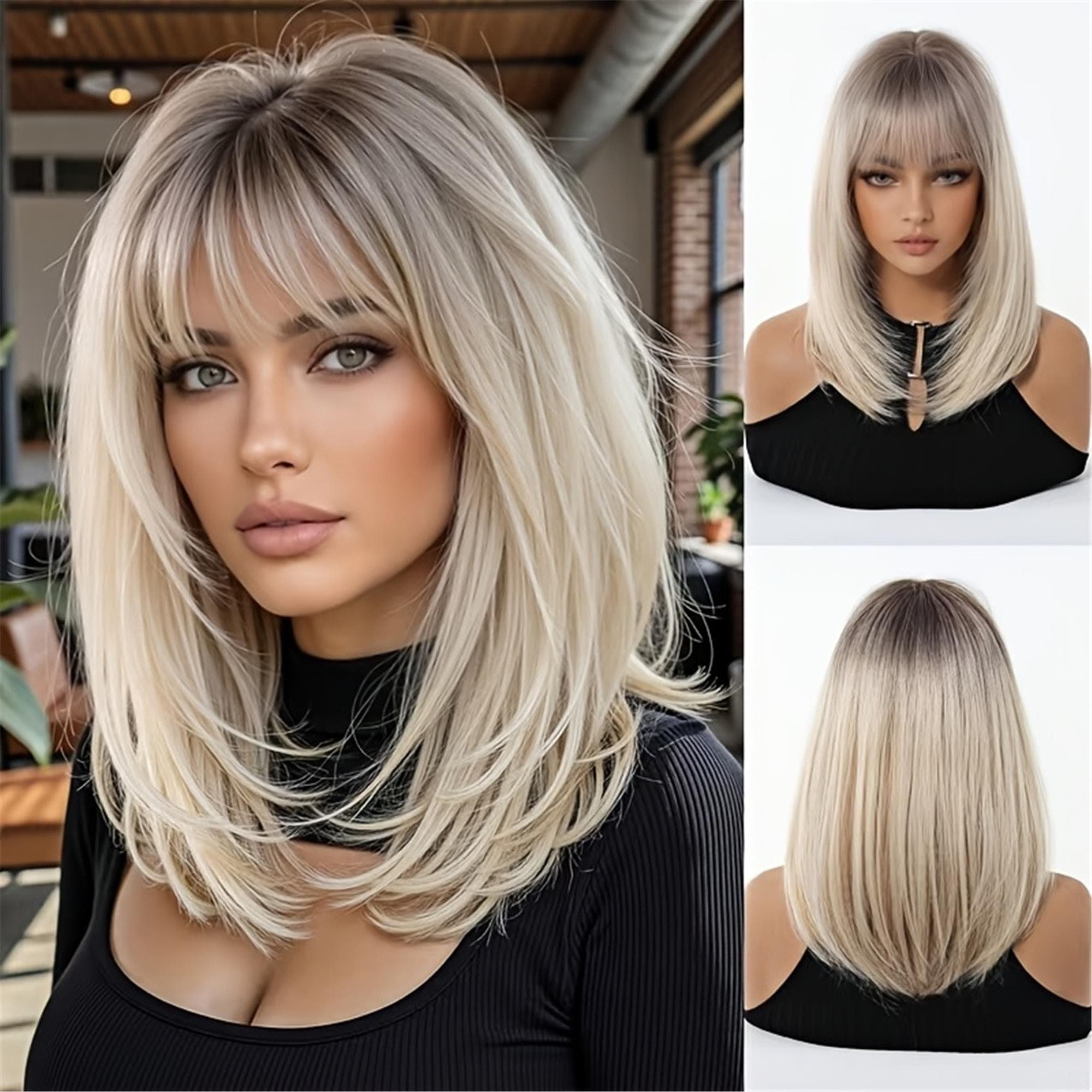 14-Inch Synthetic Wig with Bangs Featuring a Fashionable Smoky Ash Golden Ombre Layered Design for Everyday Wear - Thumbnail 2