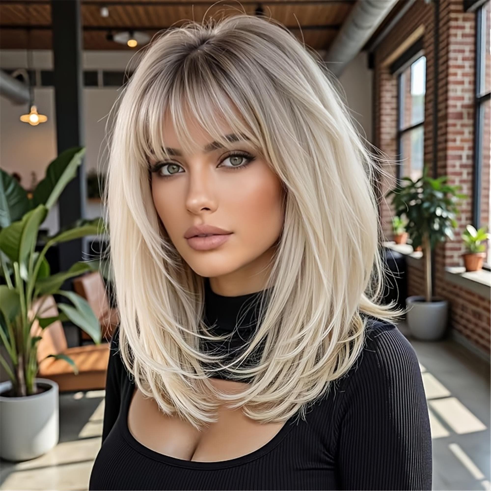 14-Inch Synthetic Wig with Bangs Featuring a Fashionable Smoky Ash Golden Ombre Layered Design for Everyday Wear