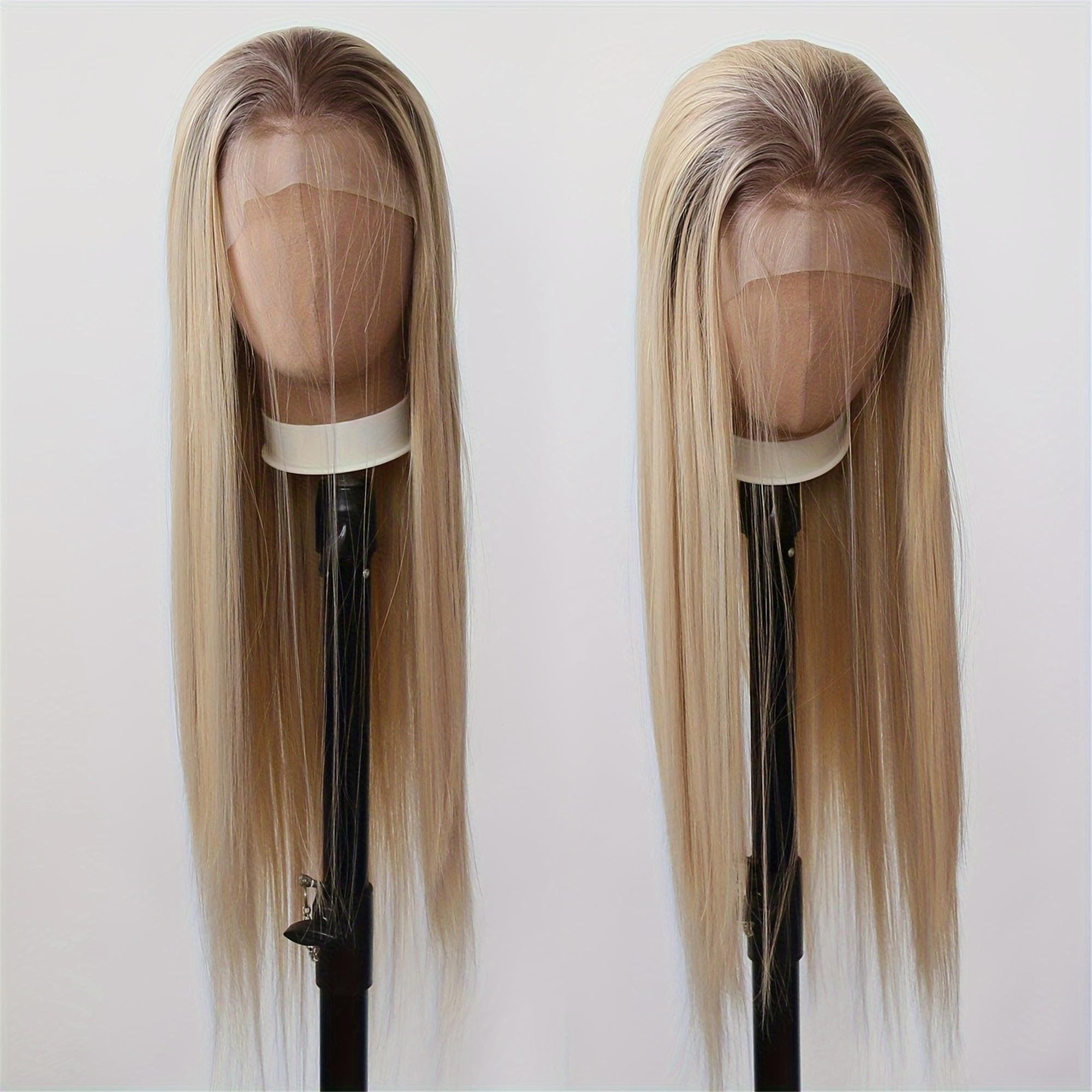 Ombre Honey Blonde Brown Synthetic Lace Front Wig 13X4 Inch Ombre Dirty Platinum Blonde Long Straight Lace Front Synthetic Wig with Pre - Thumbnail 5