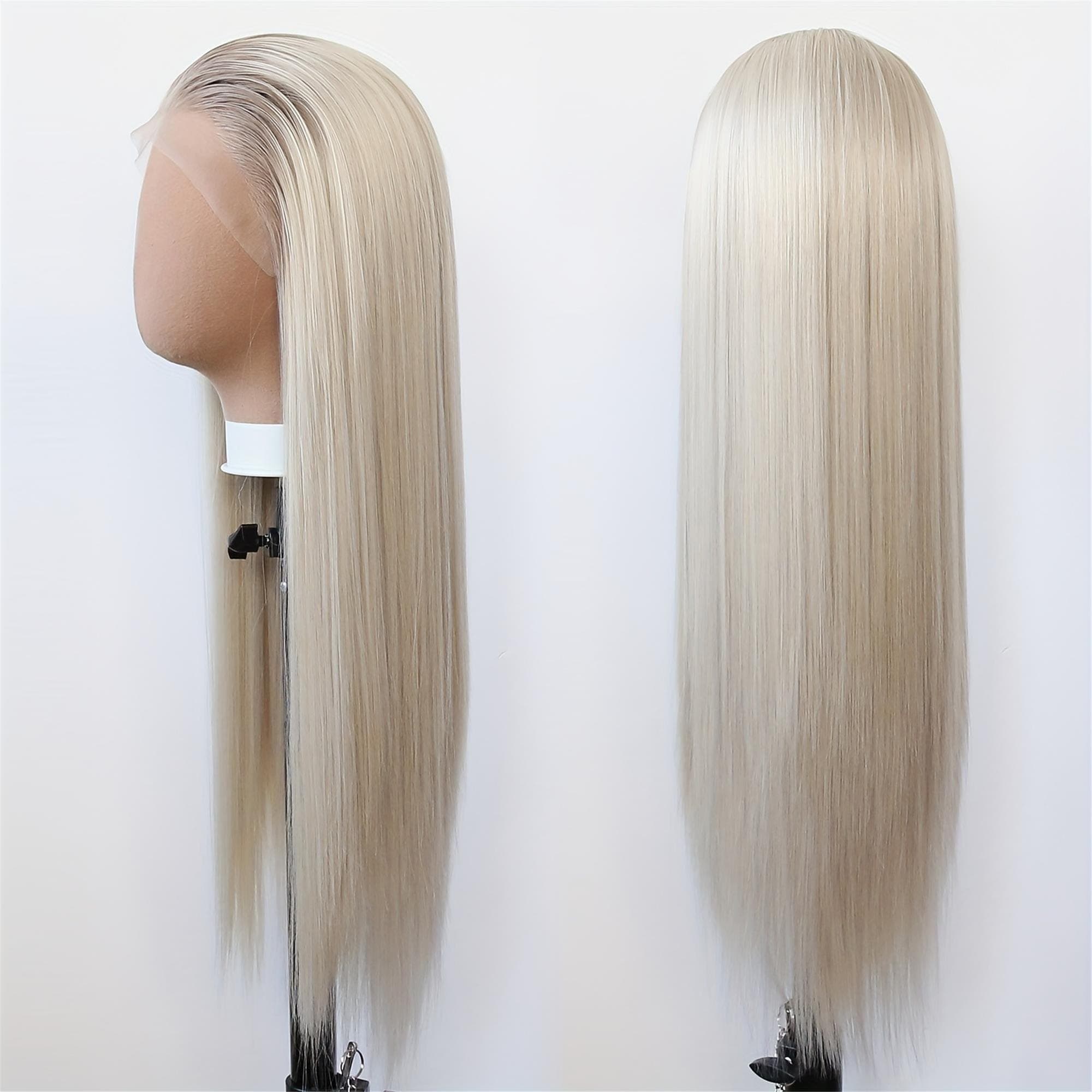 Ombre Honey Blonde Brown Synthetic Lace Front Wig 13X4 Inch Ombre Dirty Platinum Blonde Long Straight Lace Front Synthetic Wig with Pre - Thumbnail 8
