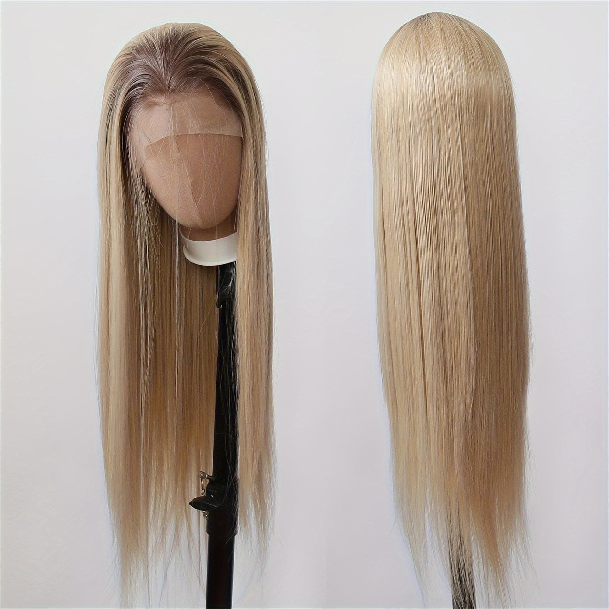 Ombre Honey Blonde Brown Synthetic Lace Front Wig 13X4 Inch Ombre Dirty Platinum Blonde Long Straight Lace Front Synthetic Wig with Pre - Thumbnail 4