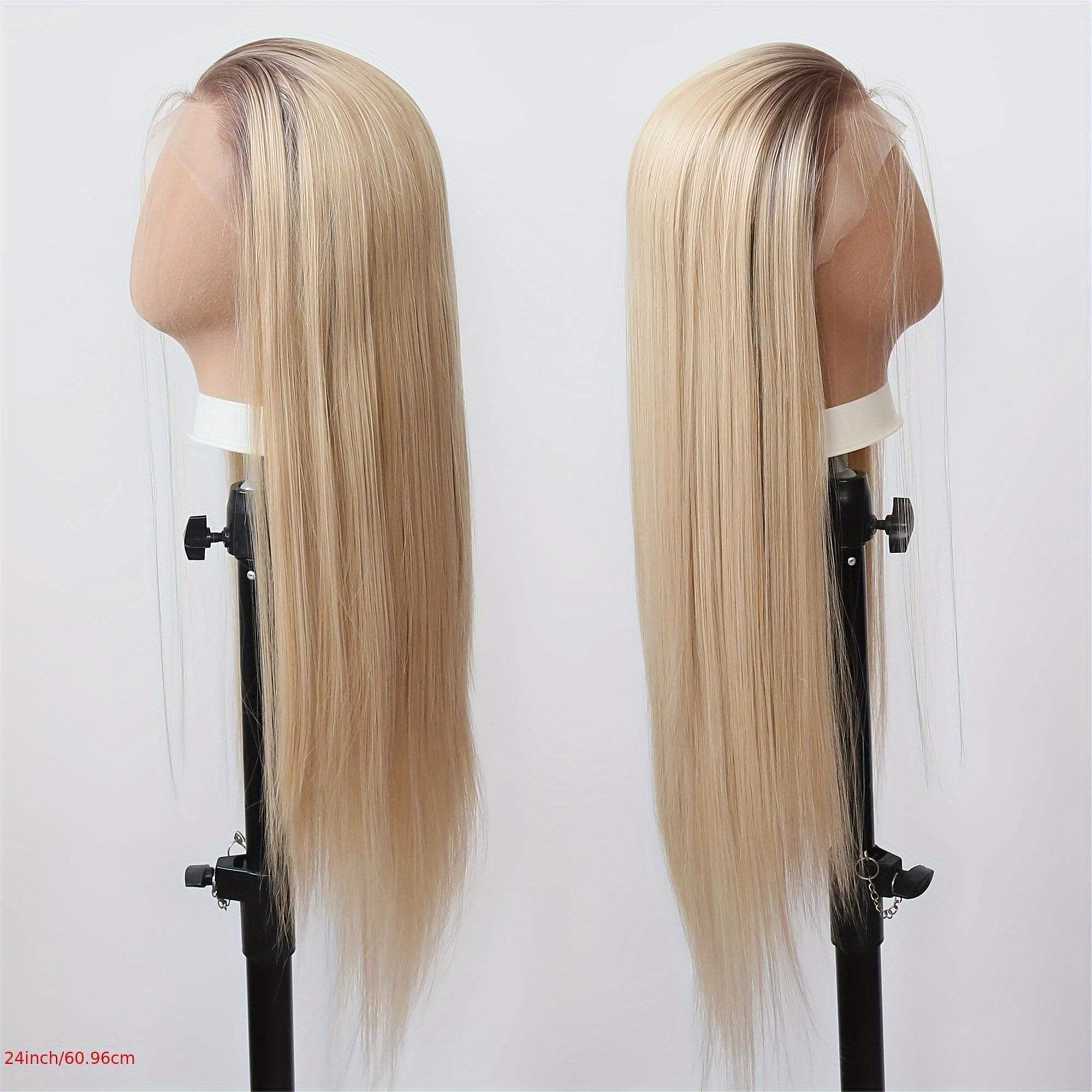 Ombre Honey Blonde Brown Synthetic Lace Front Wig 13X4 Inch Ombre Dirty Platinum Blonde Long Straight Lace Front Synthetic Wig with Pre - Thumbnail 6
