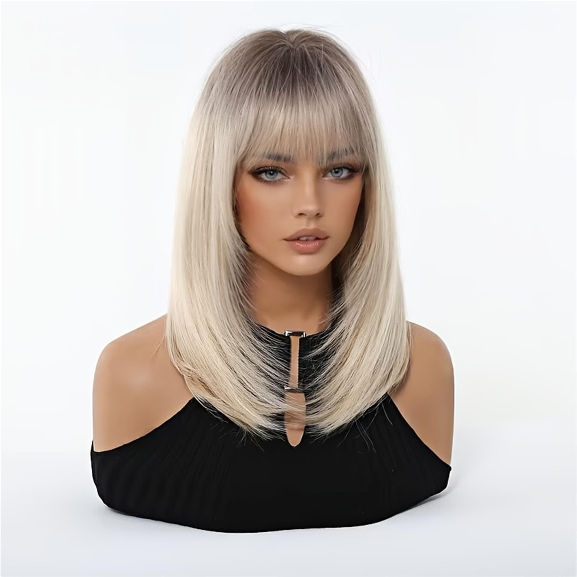 14-Inch Synthetic Wig with Bangs Featuring a Fashionable Smoky Ash Golden Ombre Layered Design for Everyday Wear - Thumbnail 3