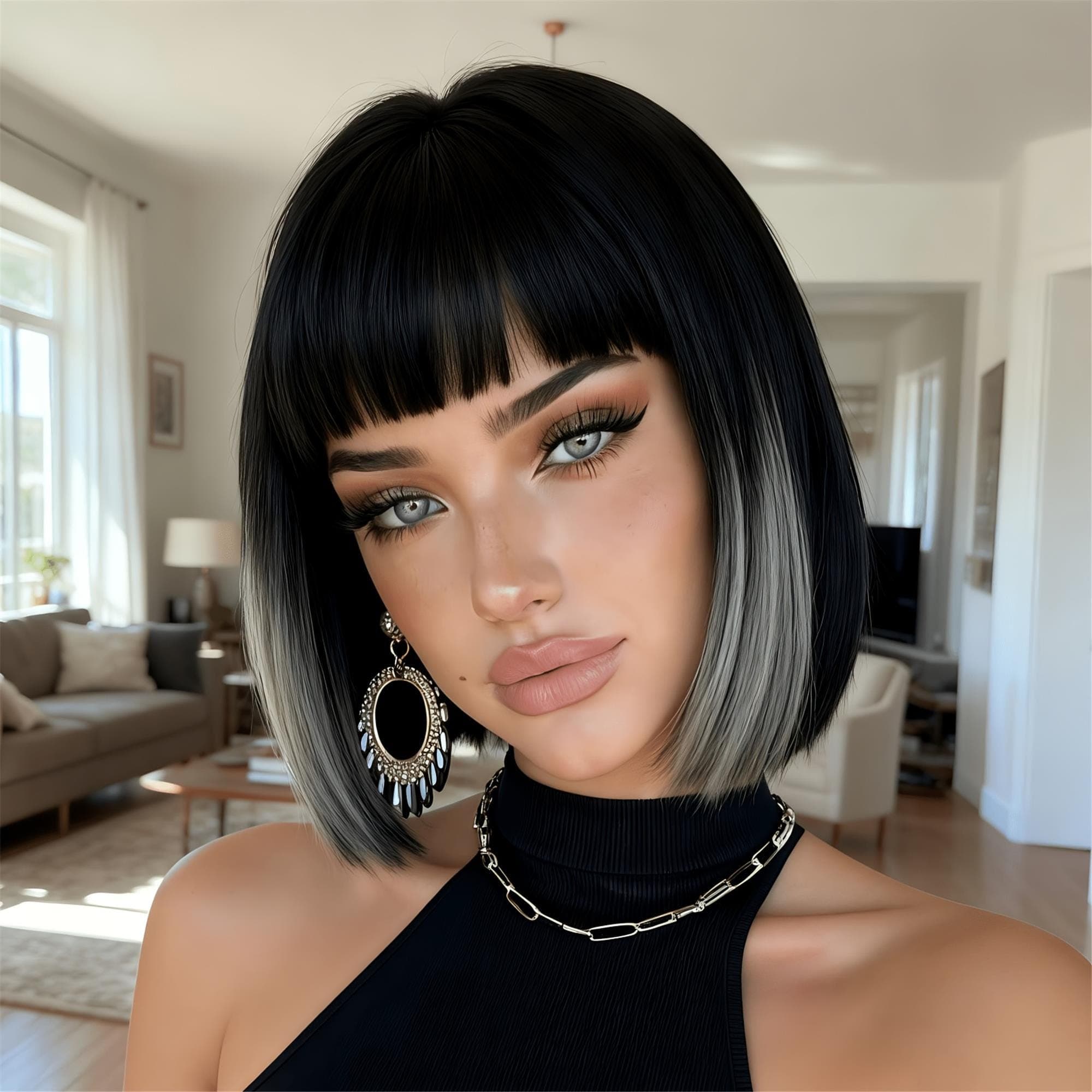 A Sleek Bob Hairstyle This Black Wig with Bangs suitable daily wear