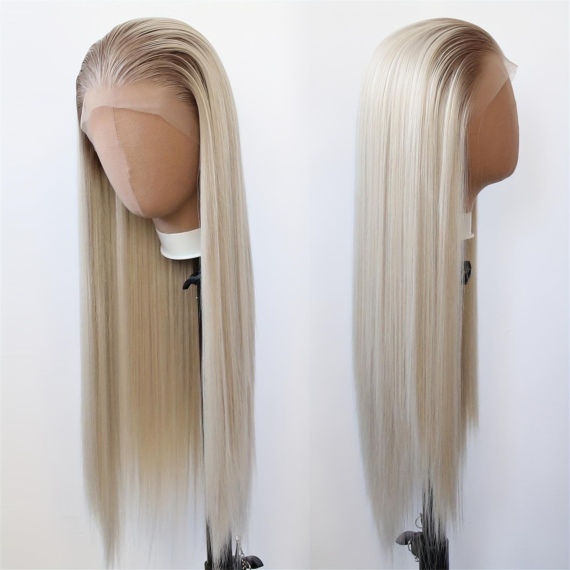 Ombre Honey Blonde Brown Synthetic Lace Front Wig 13X4 Inch Ombre Dirty Platinum Blonde Long Straight Lace Front Synthetic Wig with Pre - Thumbnail 2
