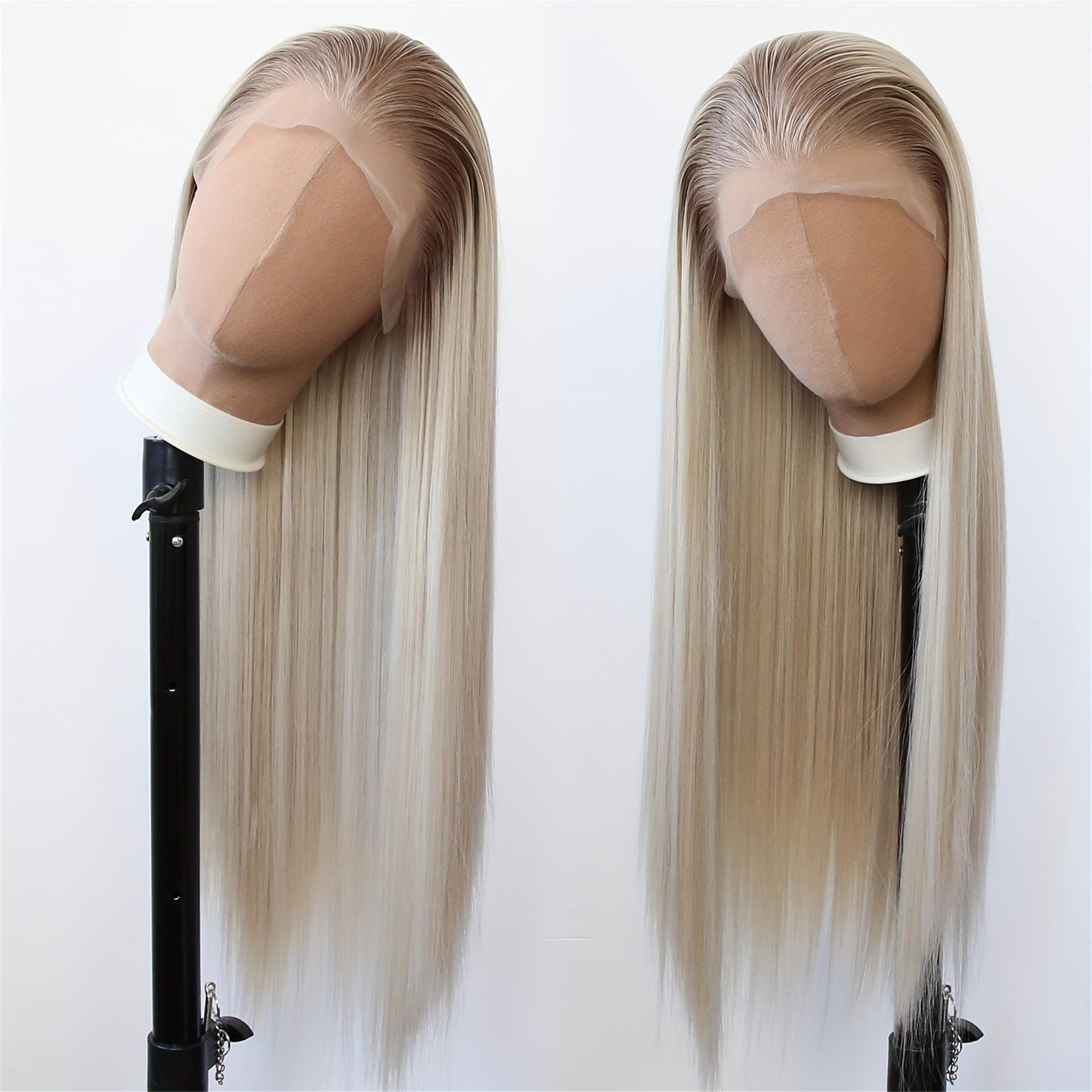 Ombre Honey Blonde Brown Synthetic Lace Front Wig 13X4 Inch Ombre Dirty Platinum Blonde Long Straight Lace Front Synthetic Wig with Pre - Thumbnail 9