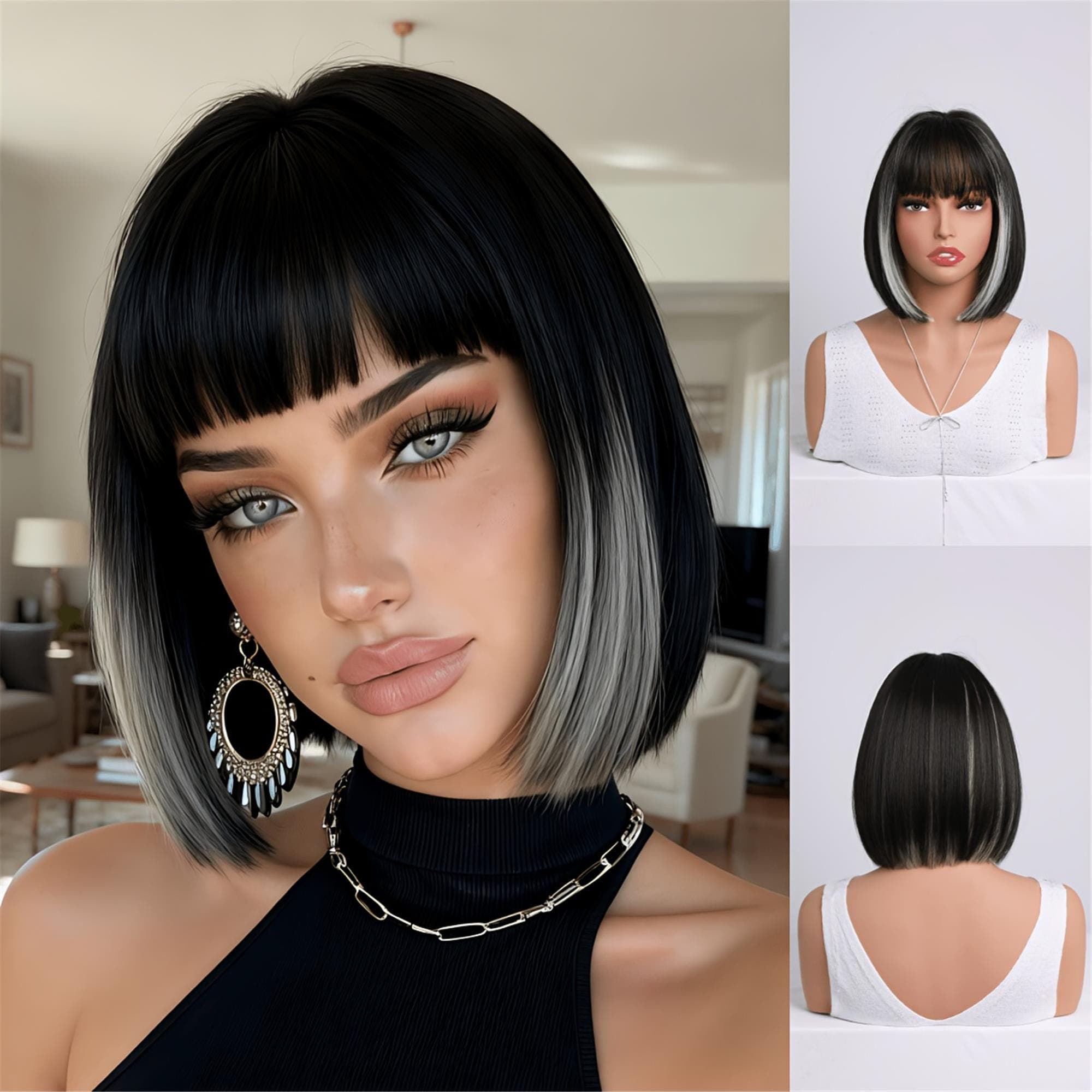 A Sleek Bob Hairstyle This Black Wig with Bangs suitable daily wear - Thumbnail 2