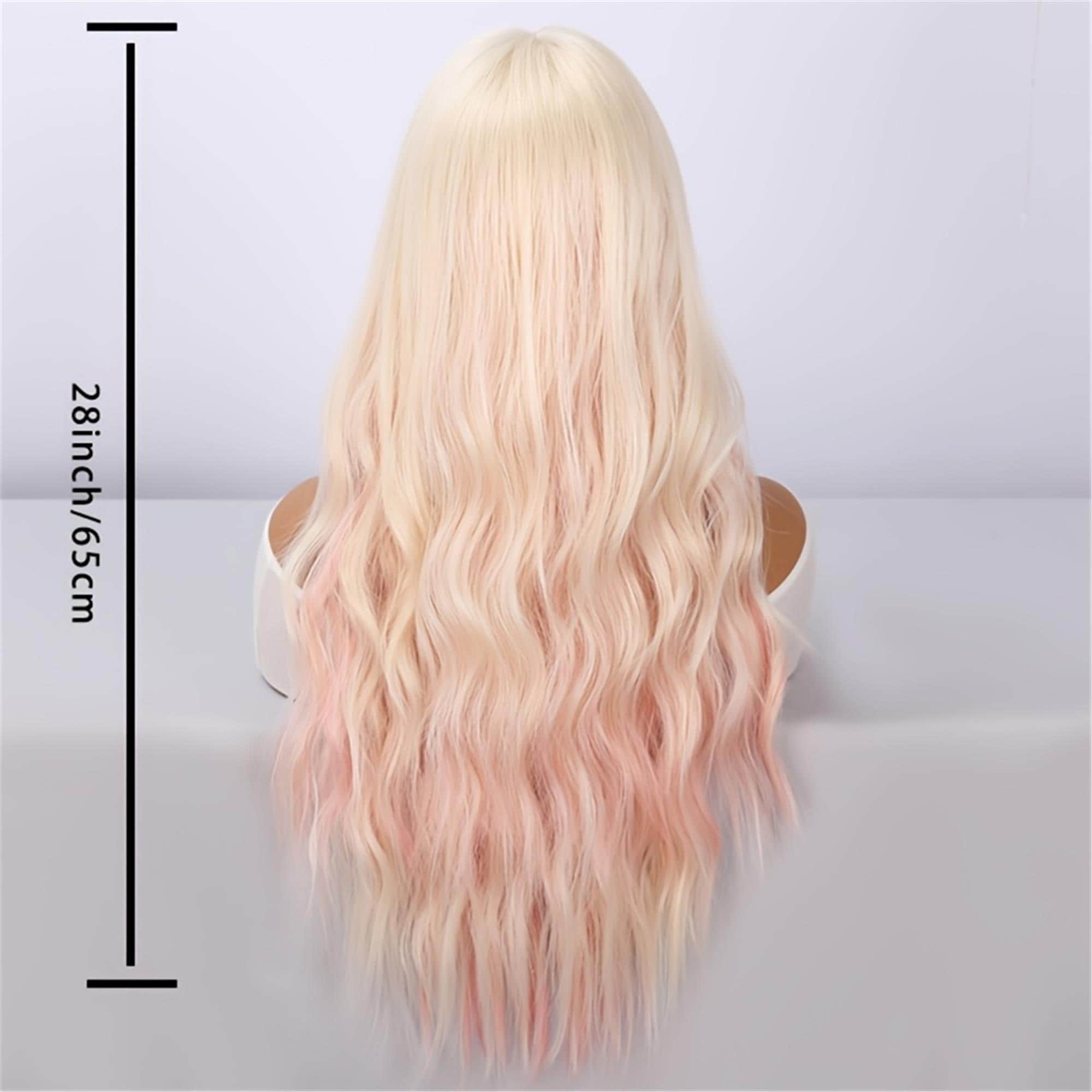 28-Inch Platinum Highlighted Pink Wavy Wig for Women | Bangs with Curls | Ideal for Everyday Styling - Thumbnail 5