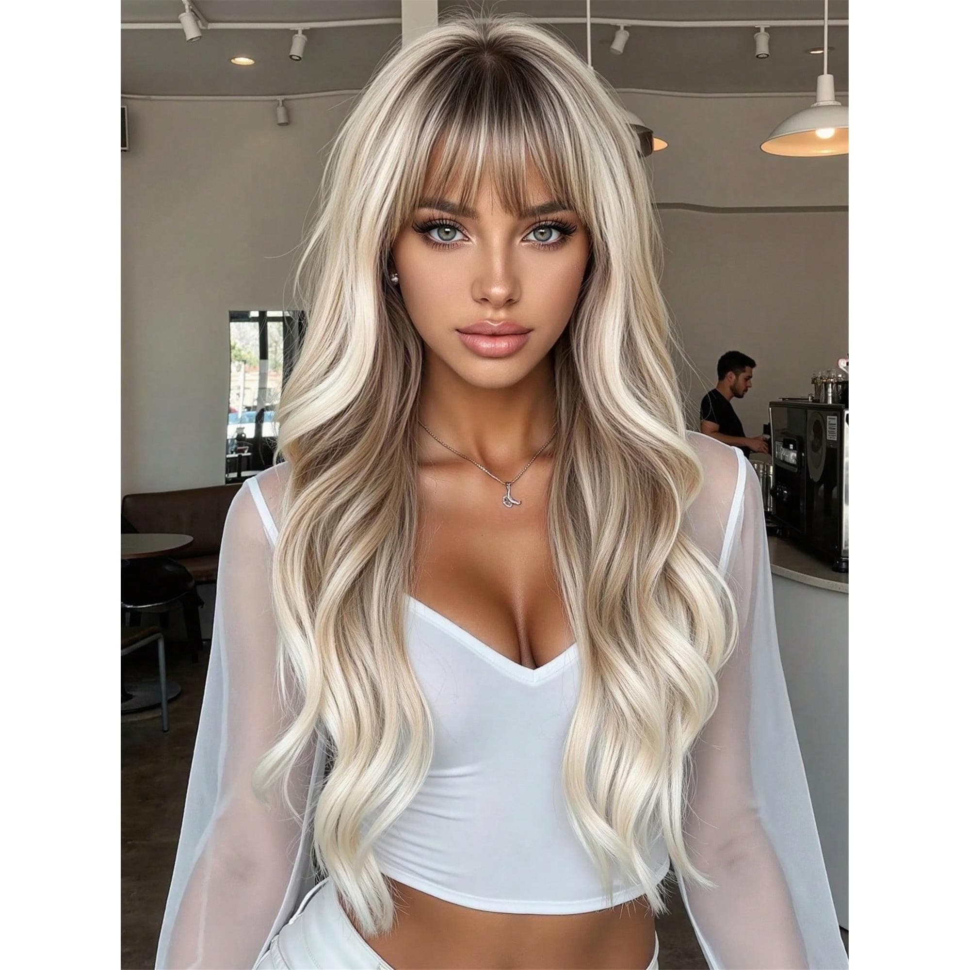 Ombre Long Curly Hair With Bangs Heat-Resistant Synthetic Wigs For Women Soft And Comfortable Wear On Daily 26 inches