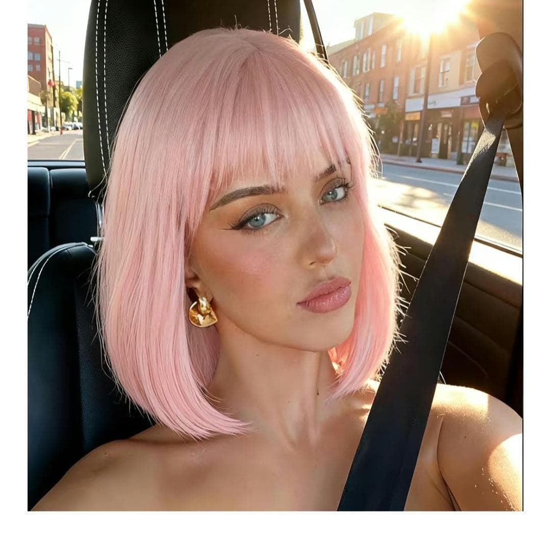 Pink Ombre Bob Wig With Bangs Heat Resistant Wigs Natural Looking For Women Daily Party And Cosplay