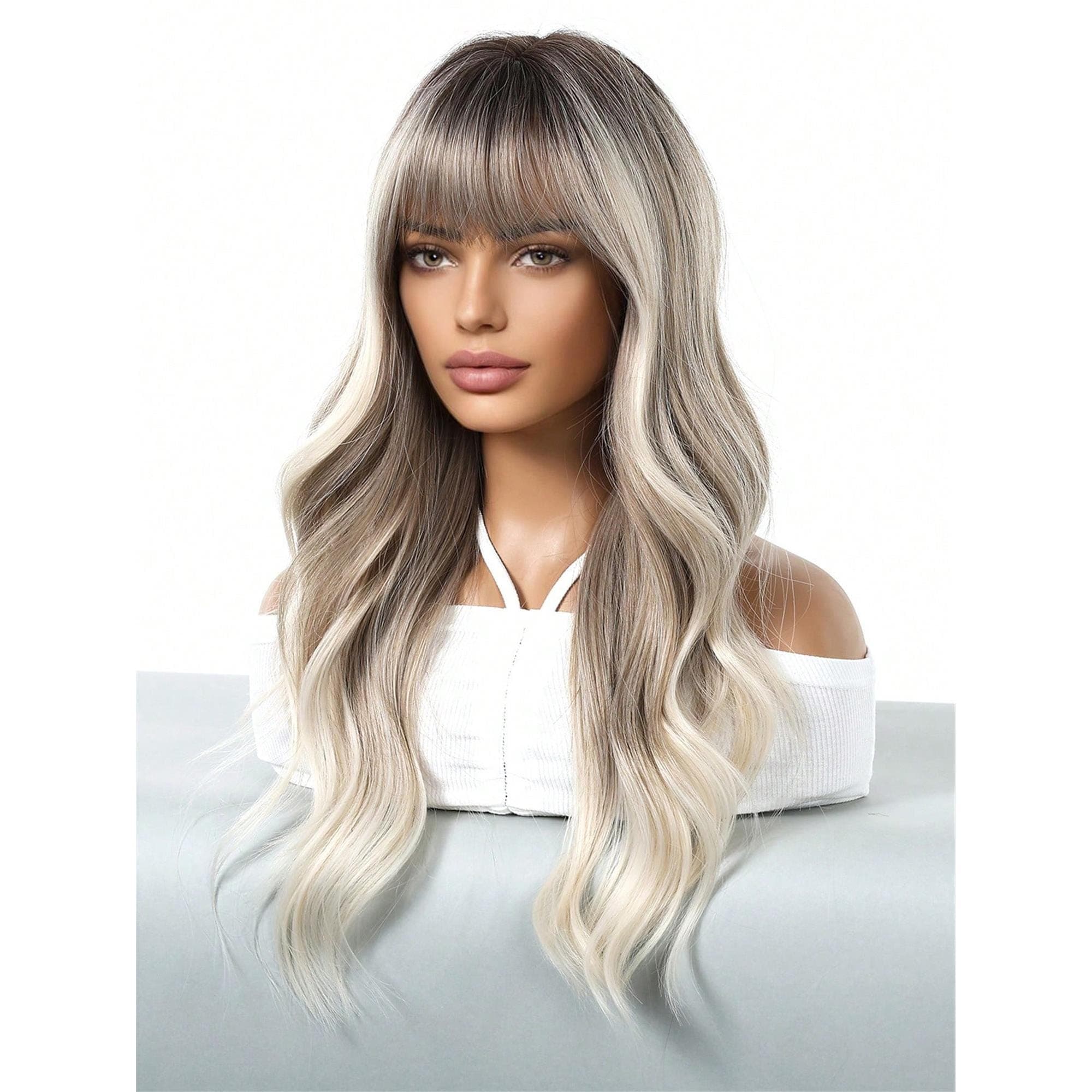 Ombre Long Curly Hair With Bangs Heat-Resistant Synthetic Wigs For Women Soft And Comfortable Wear On Daily 26 inches - Thumbnail 5