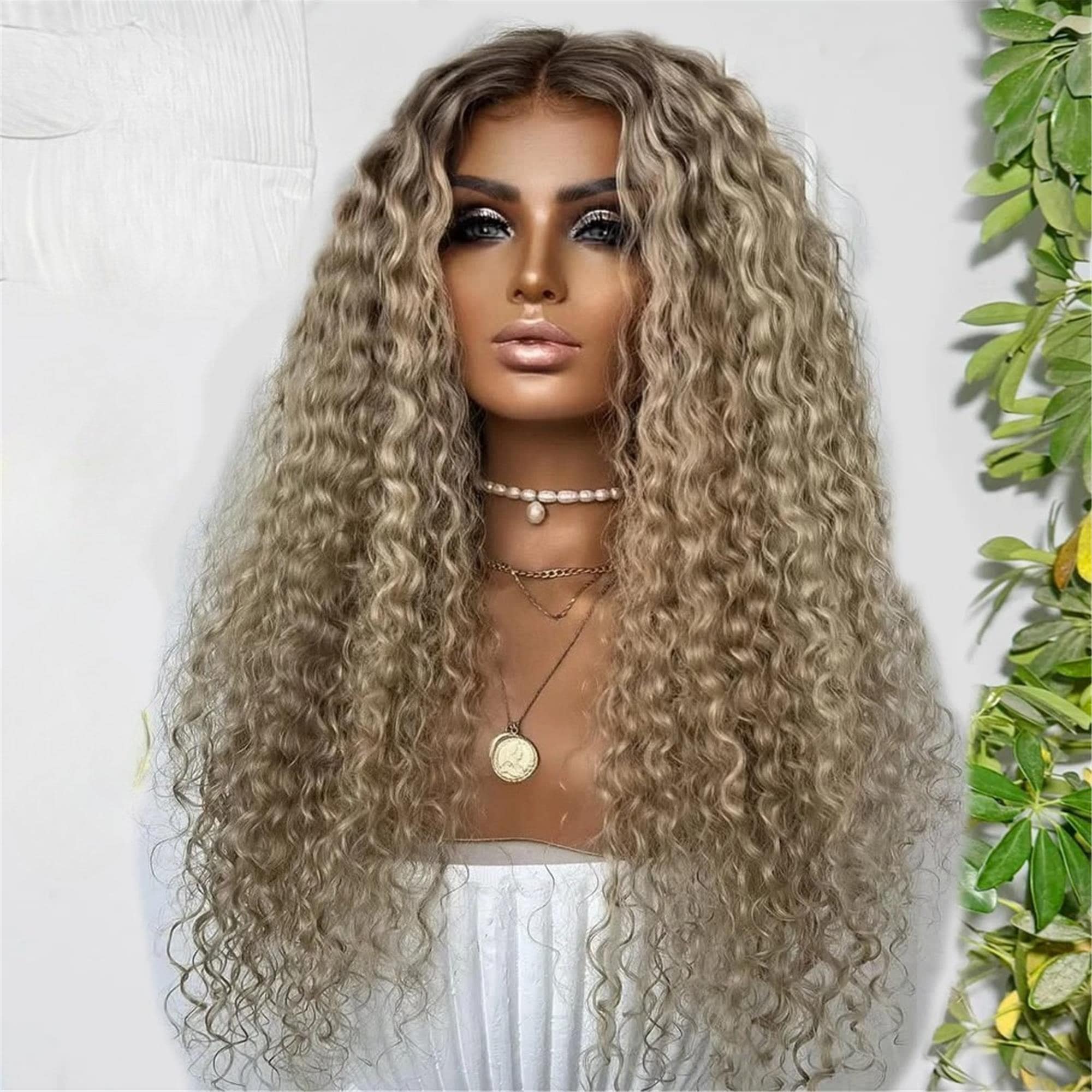 Ombre Ash Blonde Synthetic Lace Front Wig Deep Wave Blonde Ombre Wig Dark Roots Blonde Synthetic Wigs for Women Curly 13x4 Hd - Thumbnail 2
