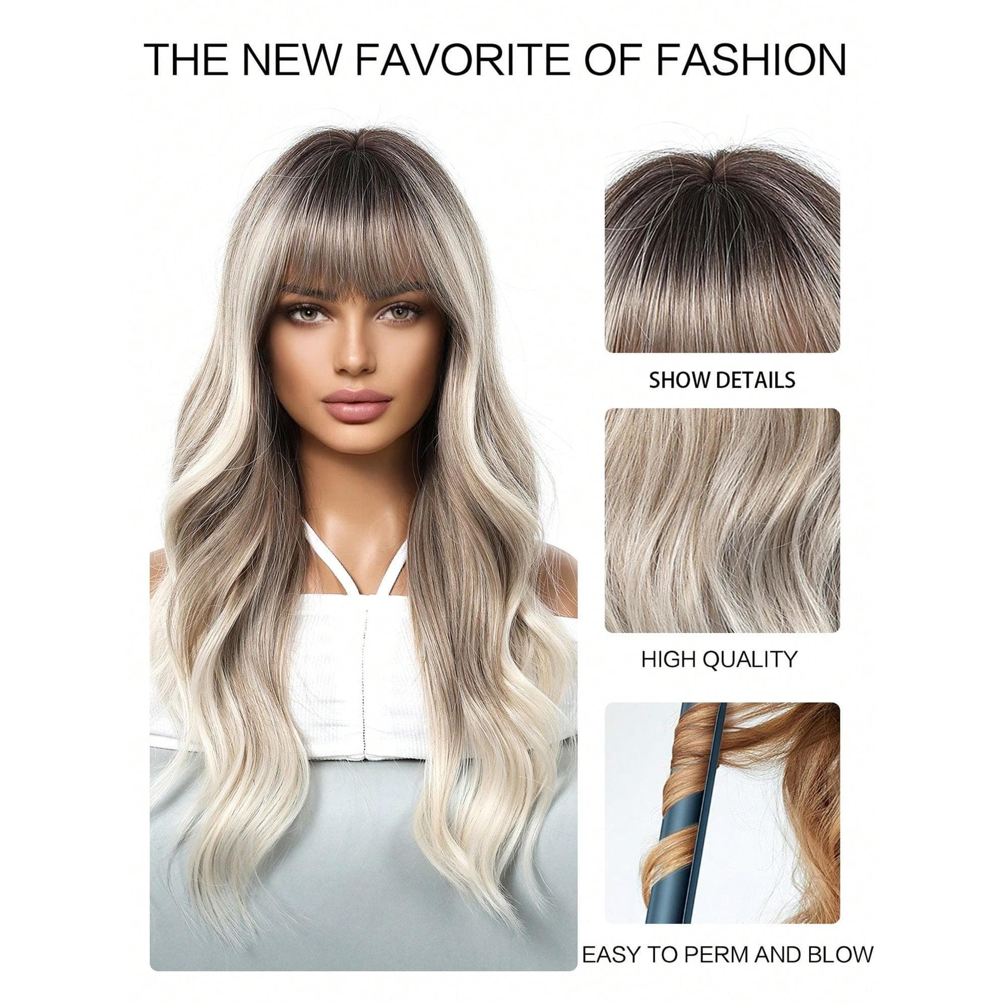Ombre Long Curly Hair With Bangs Heat-Resistant Synthetic Wigs For Women Soft And Comfortable Wear On Daily 26 inches - Thumbnail 7
