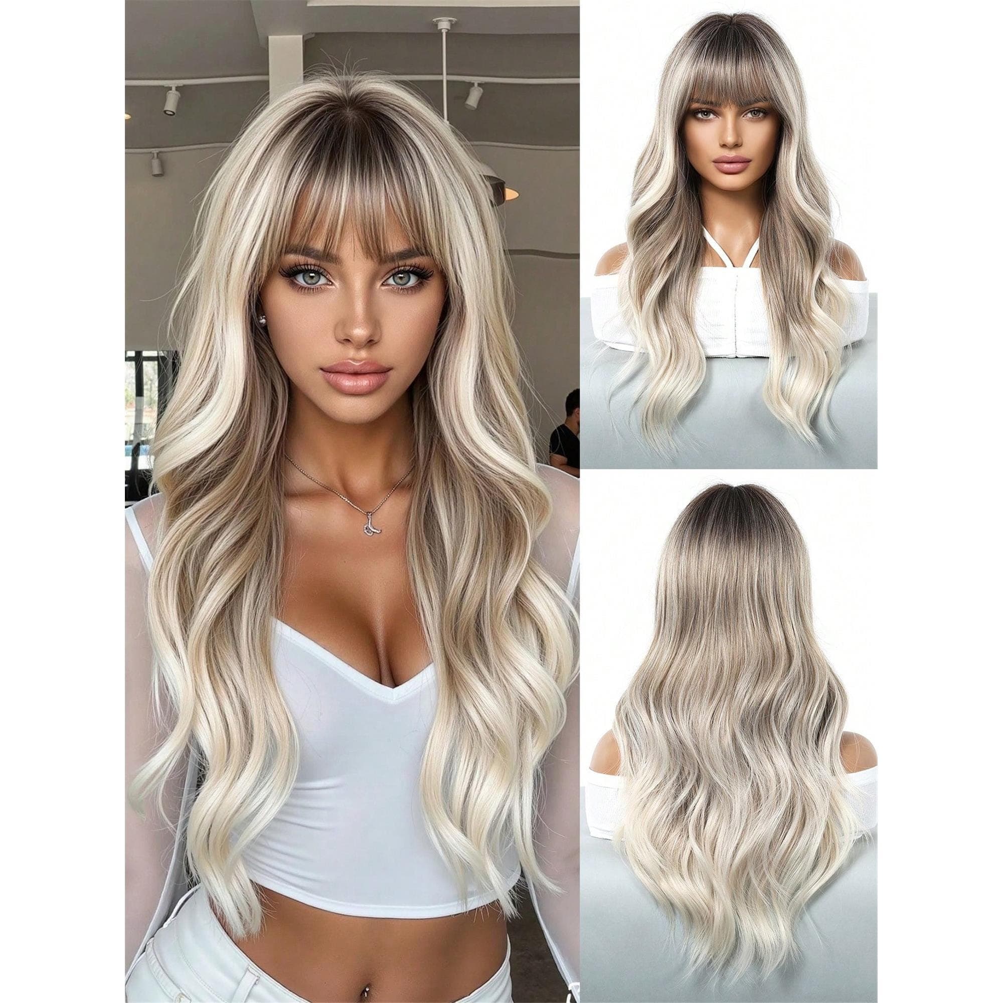 Ombre Long Curly Hair With Bangs Heat-Resistant Synthetic Wigs For Women Soft And Comfortable Wear On Daily 26 inches - Thumbnail 2