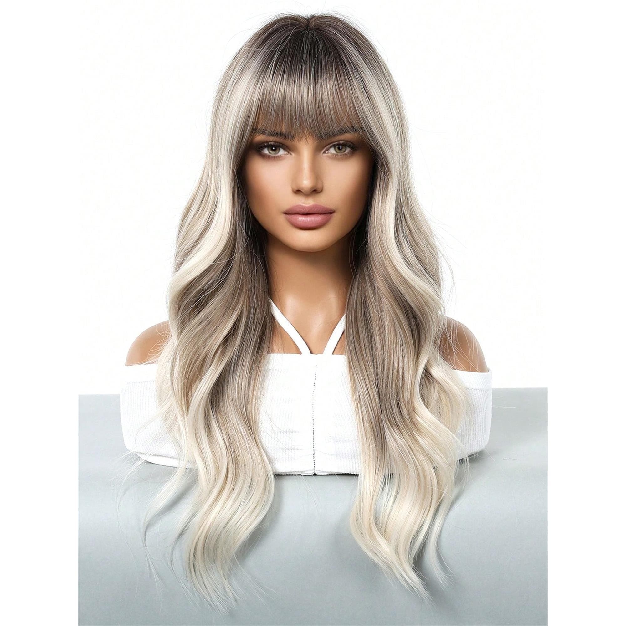 Ombre Long Curly Hair With Bangs Heat-Resistant Synthetic Wigs For Women Soft And Comfortable Wear On Daily 26 inches - Thumbnail 3