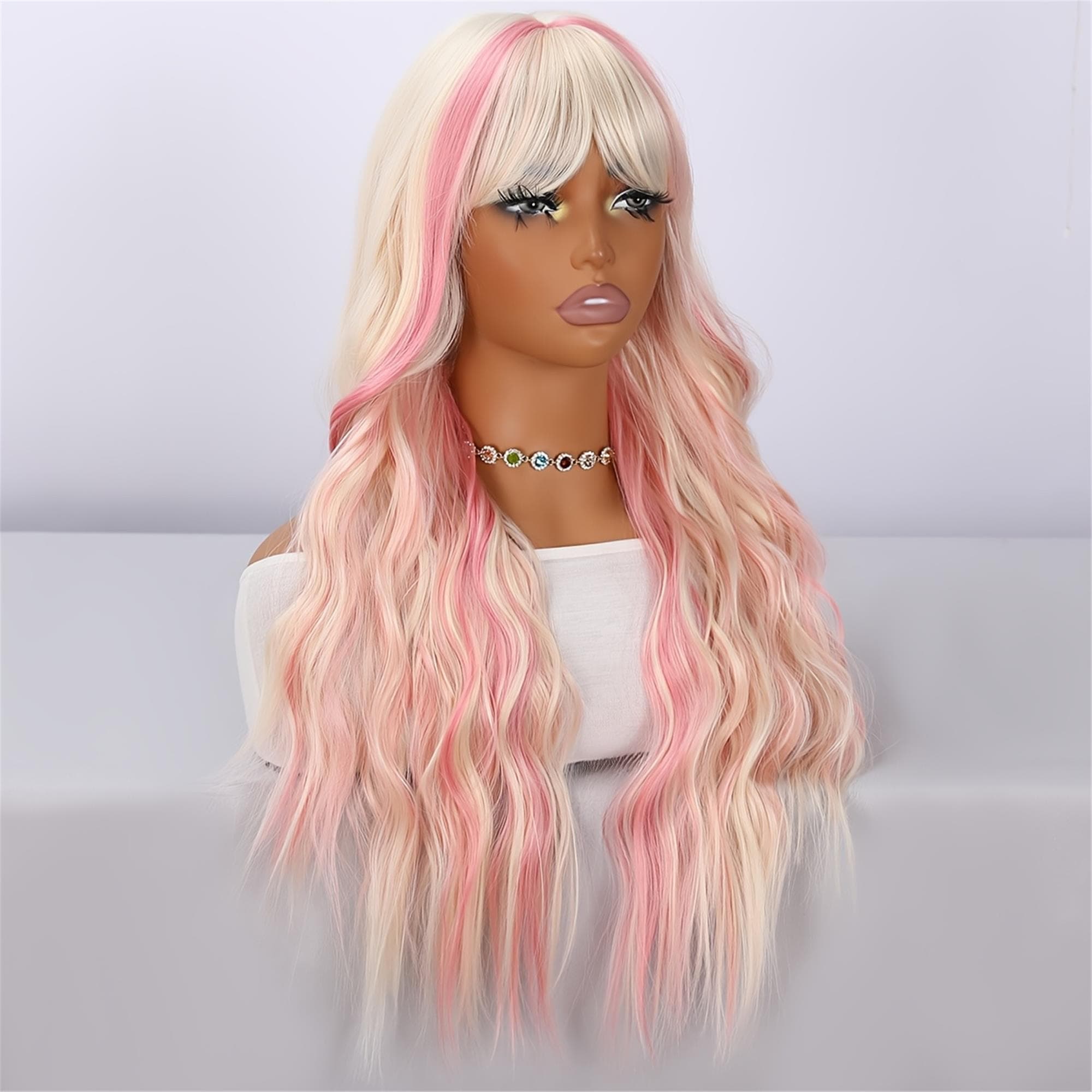 28-Inch Platinum Highlighted Pink Wavy Wig for Women | Bangs with Curls | Ideal for Everyday Styling - Thumbnail 3