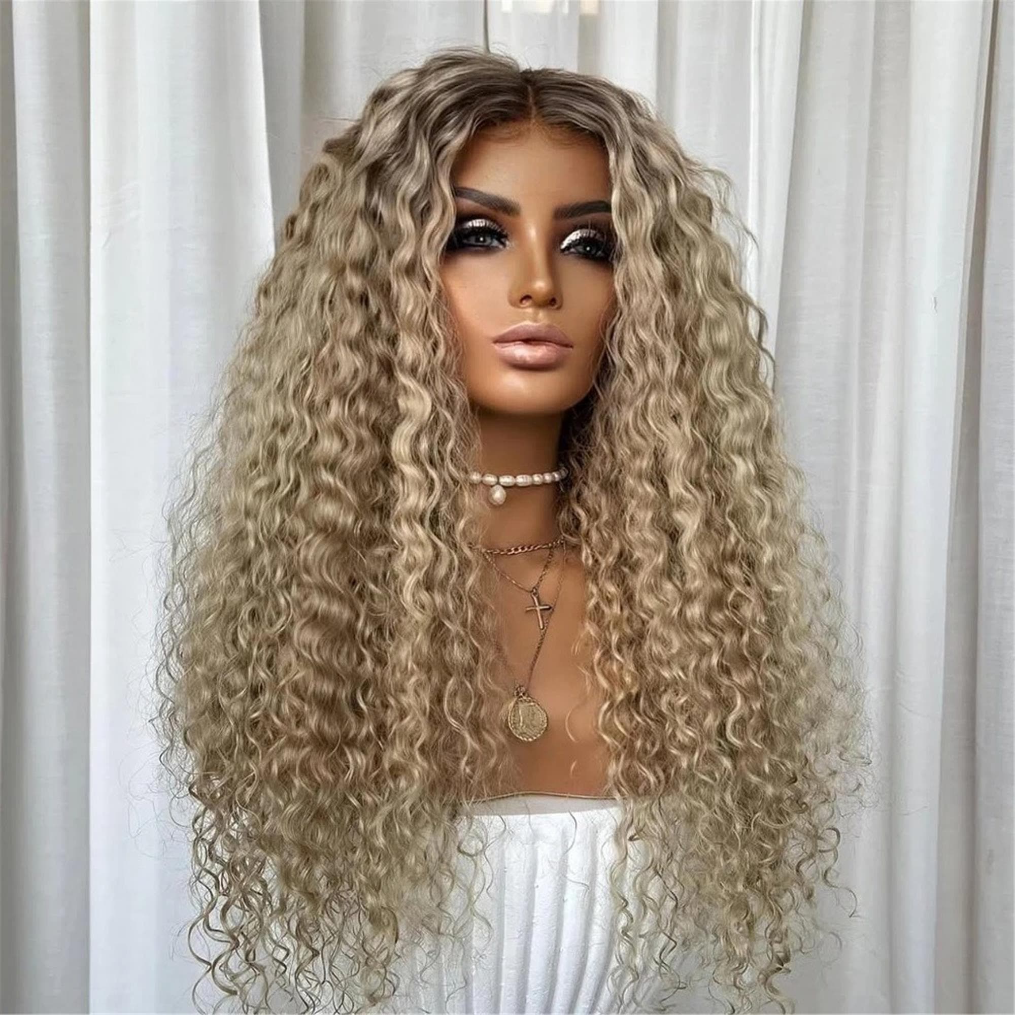 Ombre Ash Blonde Synthetic Lace Front Wig Deep Wave Blonde Ombre Wig Dark Roots Blonde Synthetic Wigs for Women Curly 13x4 Hd - Thumbnail 3