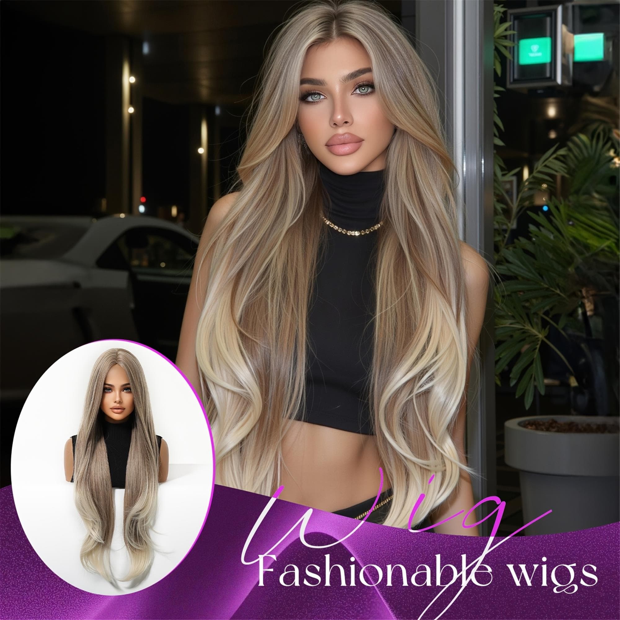 32-inch Milk Tea Brown Gradient to Golden Layered Long Wavy Wig - Thumbnail 3