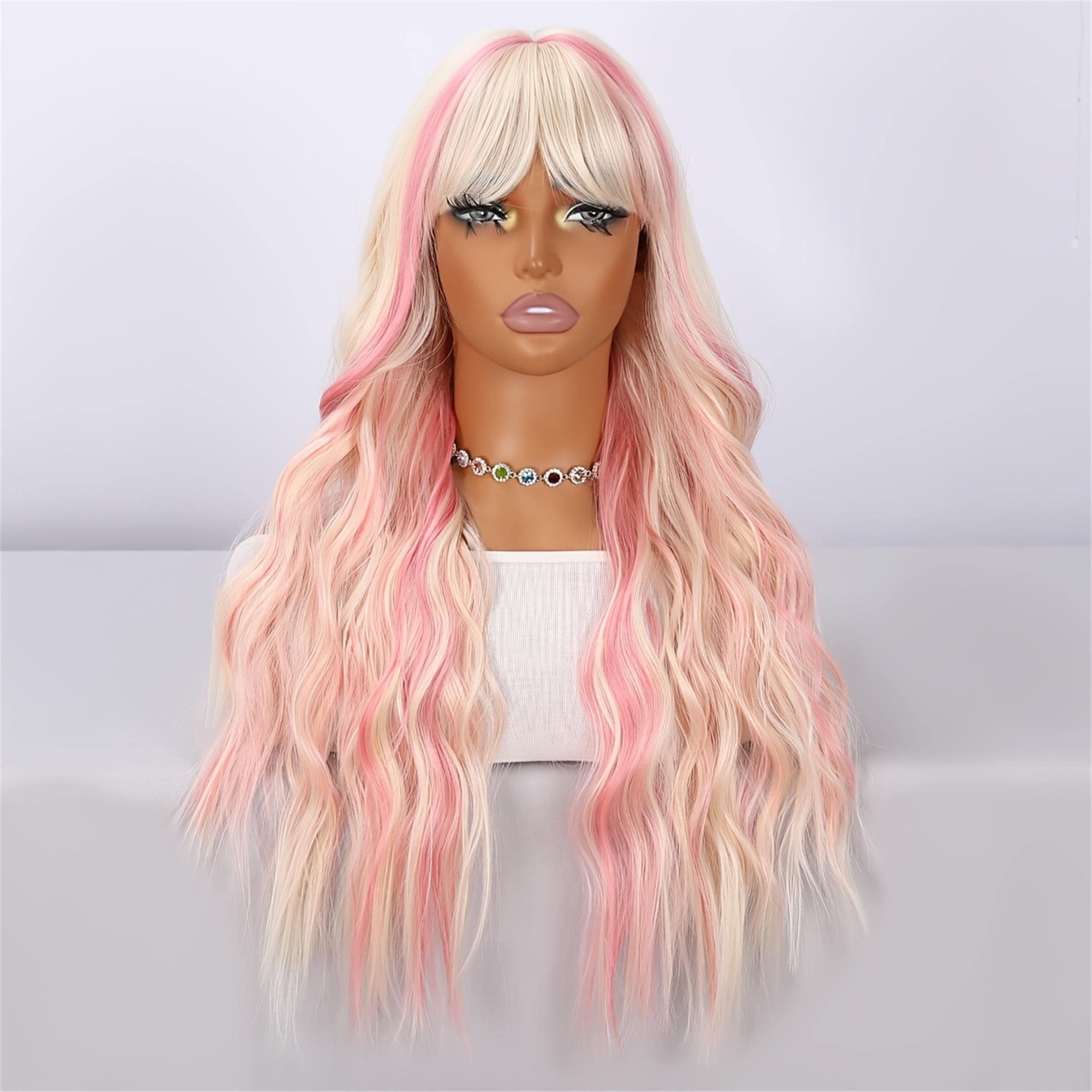 28-Inch Platinum Highlighted Pink Wavy Wig for Women | Bangs with Curls | Ideal for Everyday Styling - Thumbnail 2