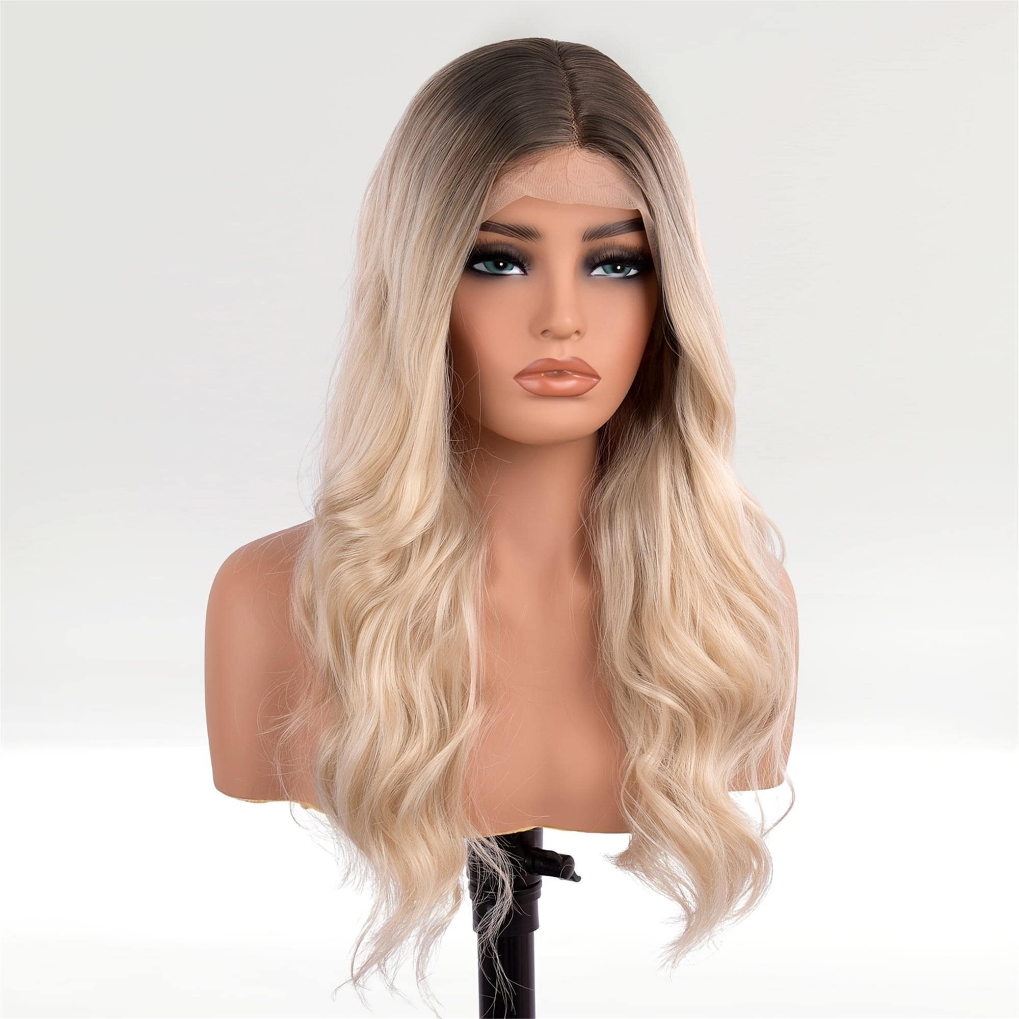 Light Blonde Brown Ombre Long Body Wave Synthetic Lace Front Wig - Achieve Effortless Beachy Waves 22 Inch - Thumbnail 2